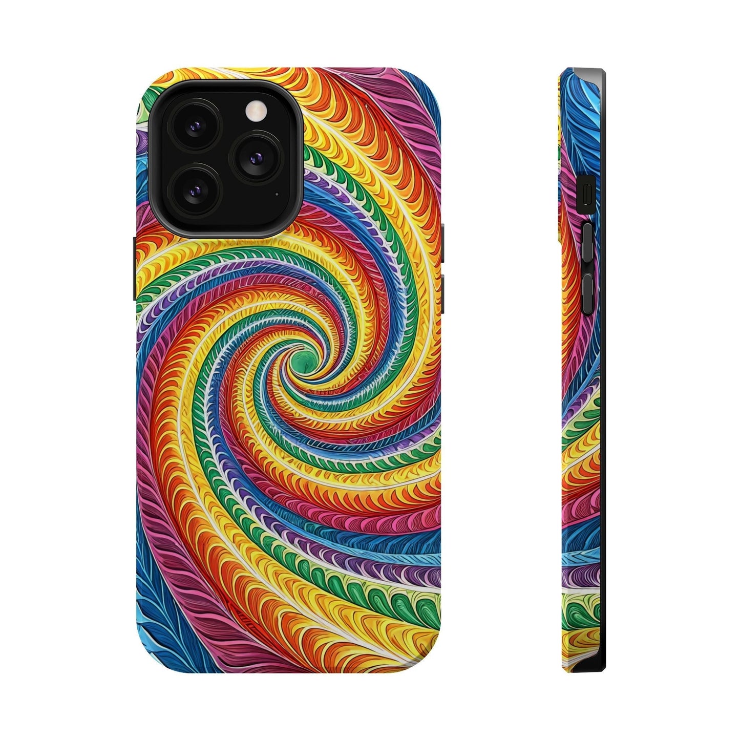 Rainbow Swirl iPhone Tough Case with vibrant colorful spiral design, dual-layer polycarbonate protection, MagSafe compatible, available in glossy or matte finish.