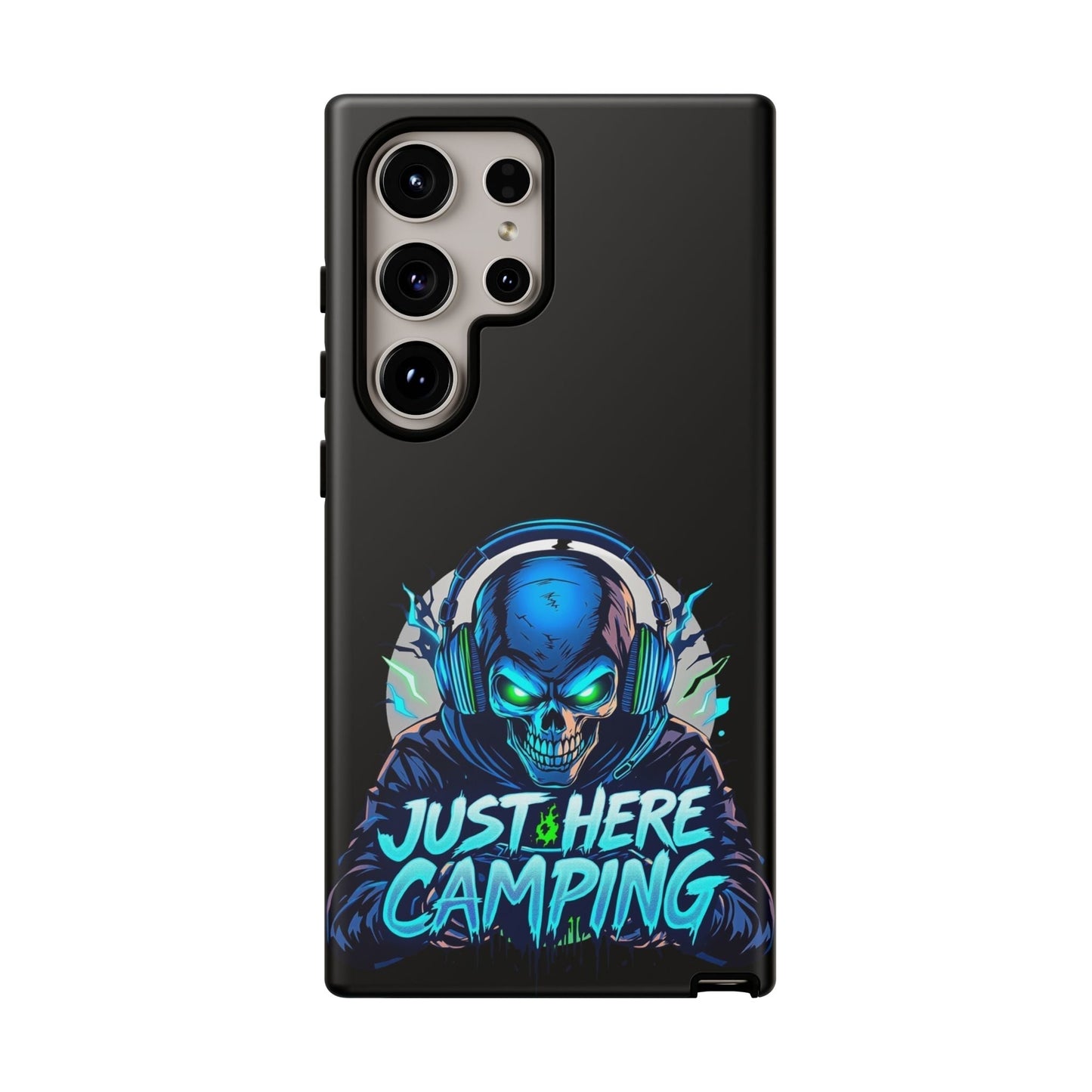 Samsung Tough Case with vibrant skull gaming design and "Just Here Camping" text, protective and stylish for gaming enthusiasts.