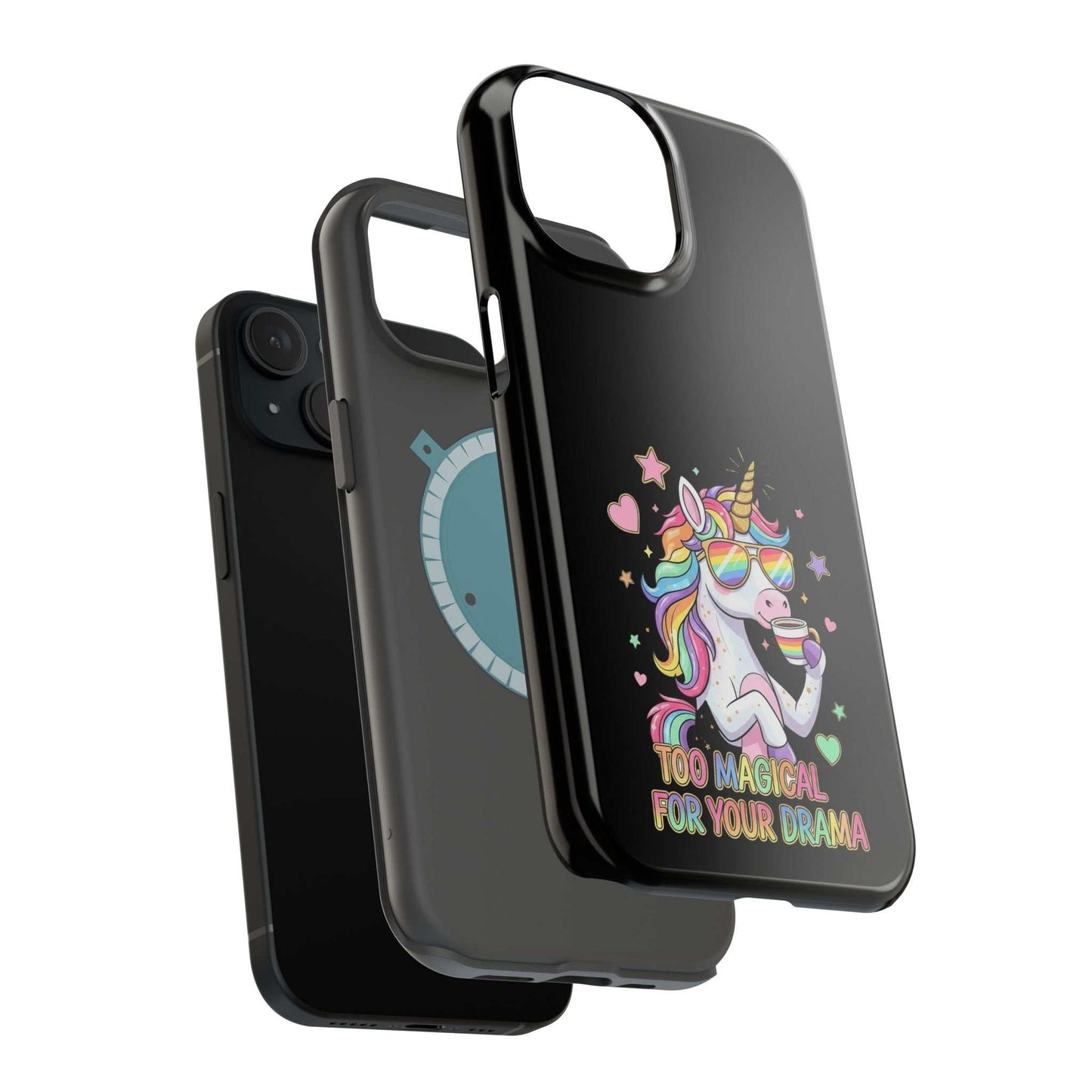 Glossy black iPhone case with colorful "Too Magical for Your Drama" unicorn design, impact-resistant and MagSafe compatible iPhone case