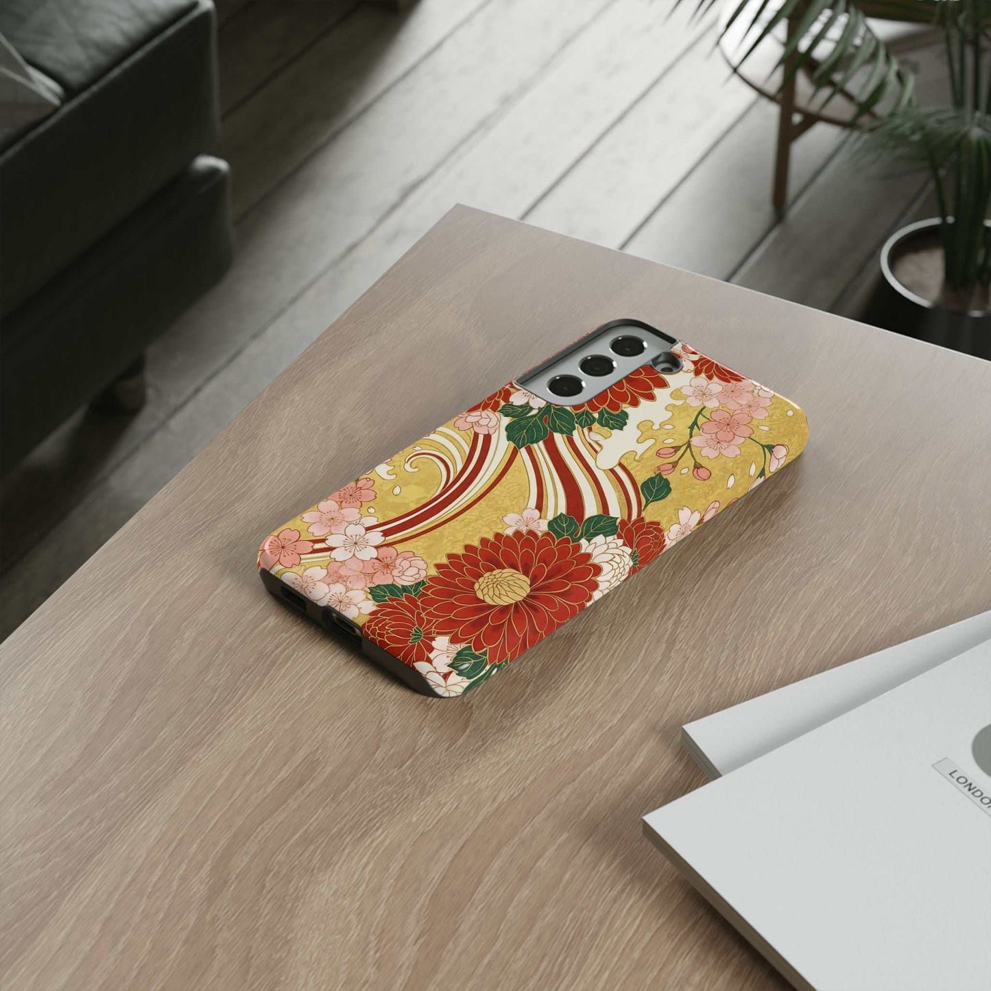 Samsung Case with Japanese floral gold chrysanthemum design, durable and impact-resistant phone cover.