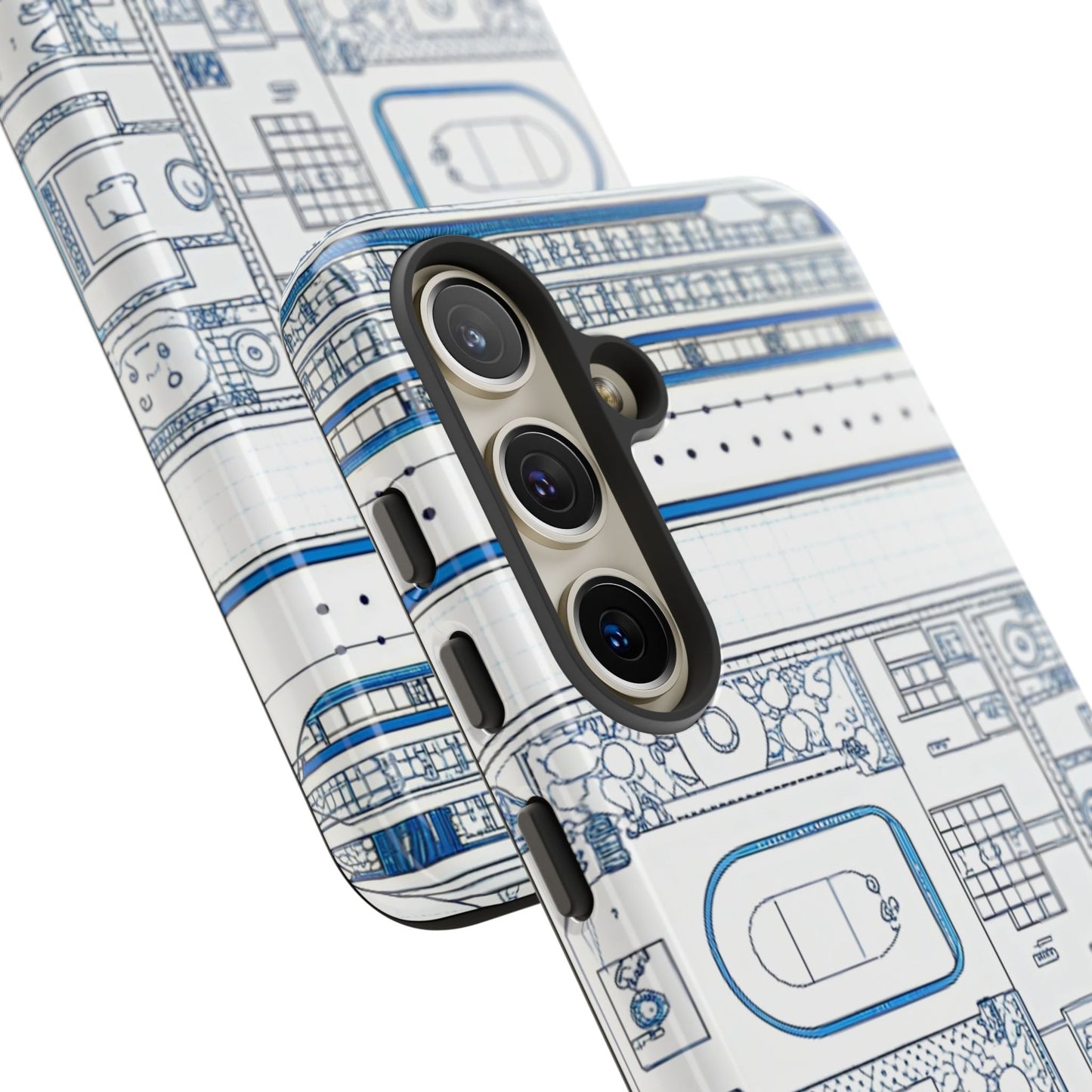Samsung phone case with detailed cruise ship design in blue and white, offering 3D print, impact resistance, and UV protection.