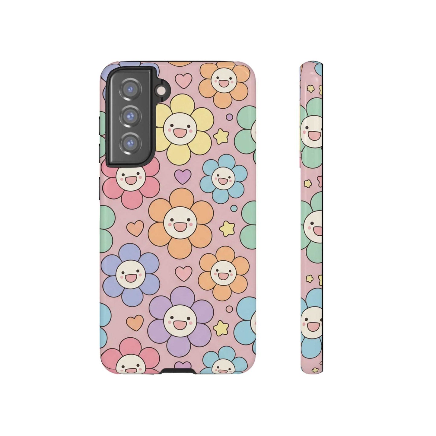Happy Flower Samsung phone case with colorful smiling floral pattern and dual-layer protective design