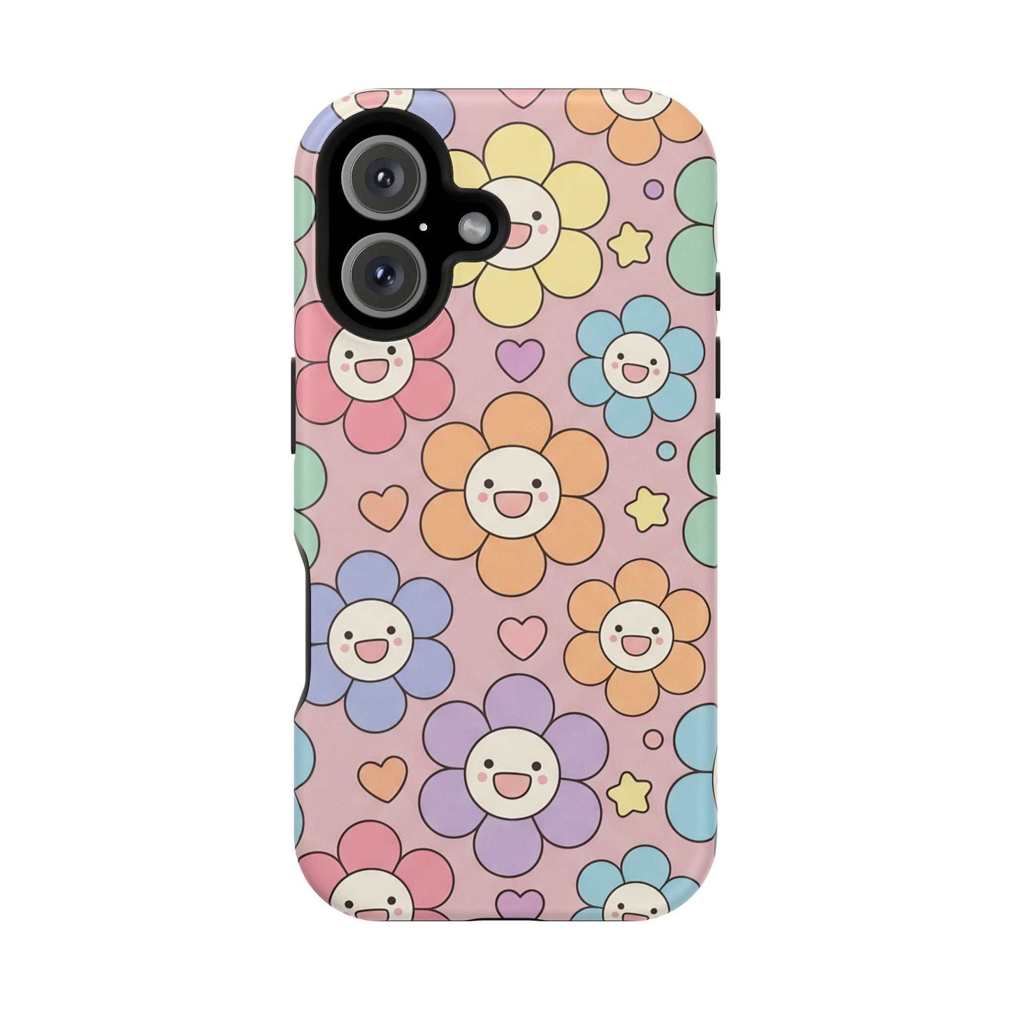 Happy Flower iPhone Tough Case with colorful smiling floral pattern and MagSafe compatibility