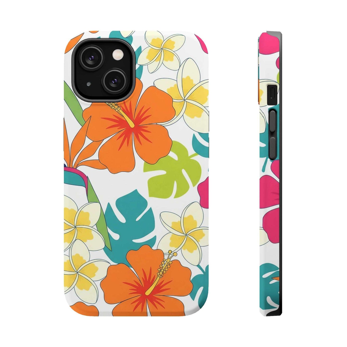 Floral iPhone Case with vibrant orange and yellow tropical flowers, durable dual-layer polycarbonate, MagSafe compatible slim protective cover