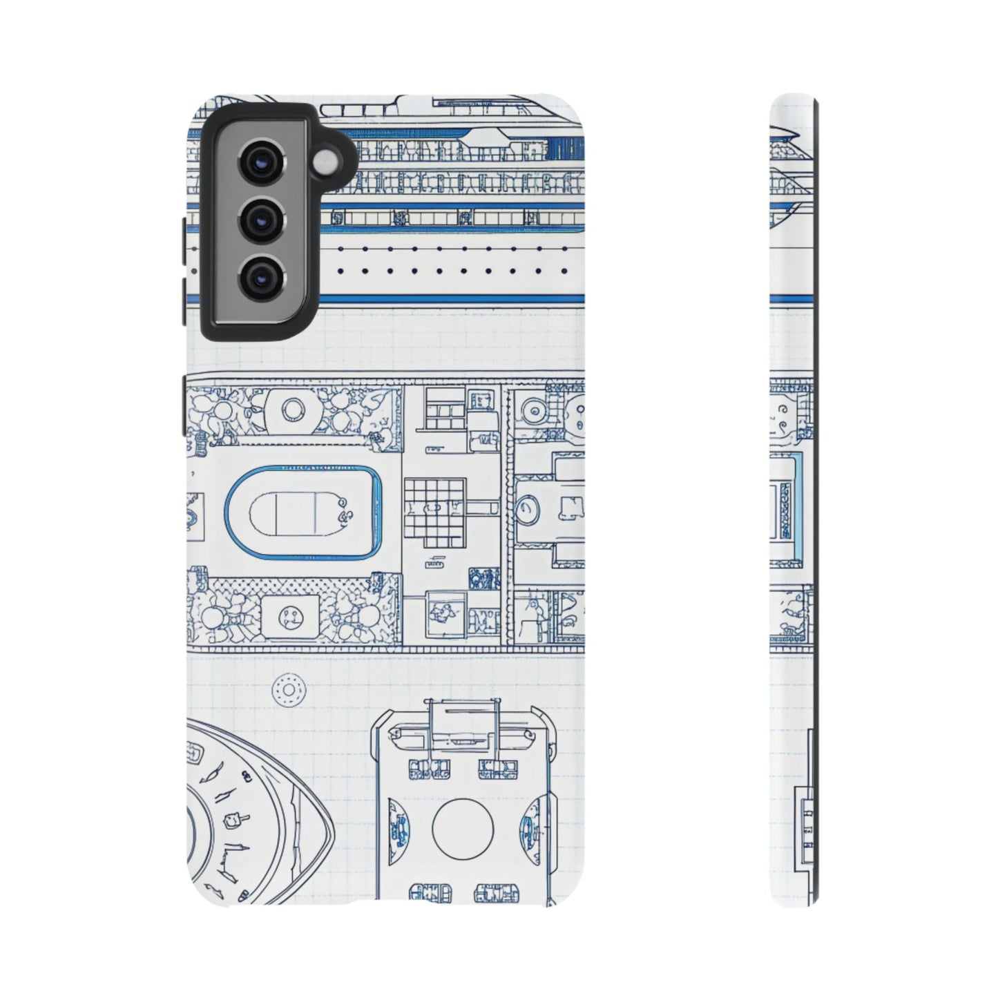 Samsung phone case with detailed cruise ship design blueprint wrap, durable and impact-resistant, featuring 3D print and UV protection.