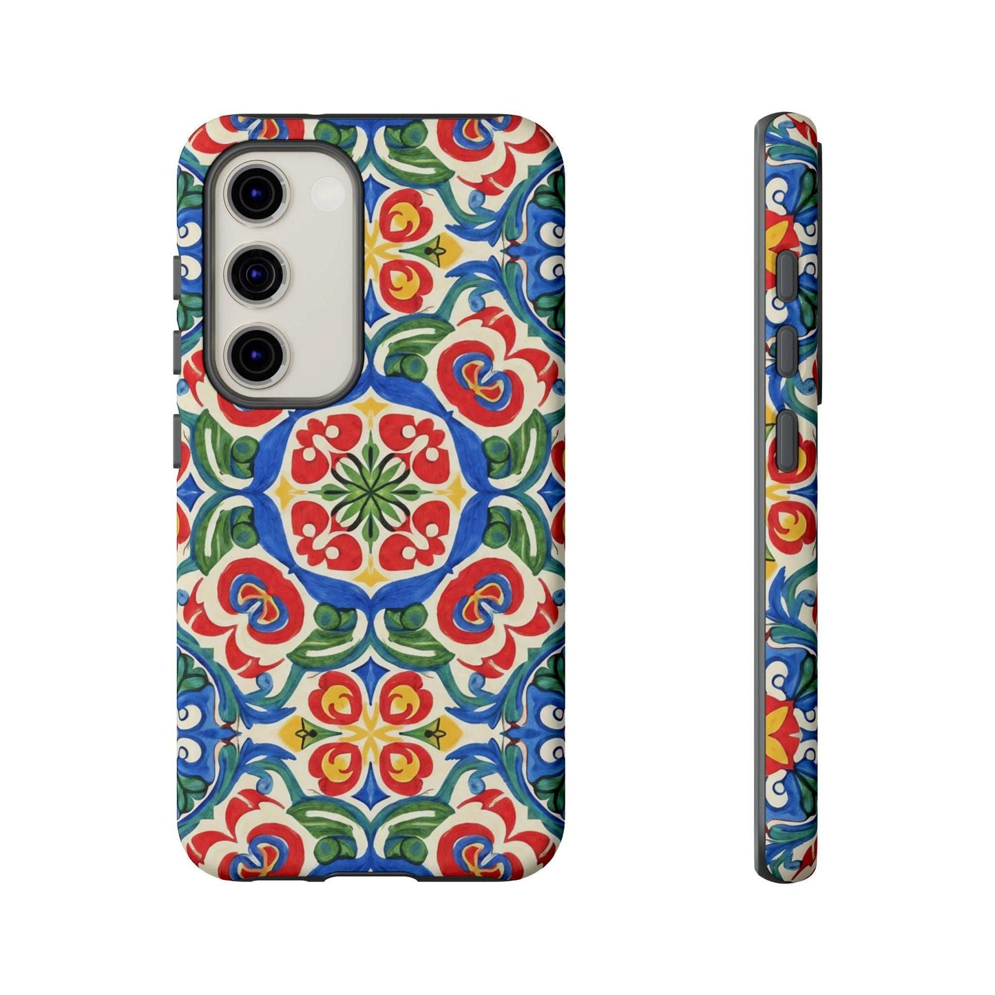 Mediterranean Samsung Case with hand-painted tile design and dual-layer protection in vibrant blue, red, and green colors