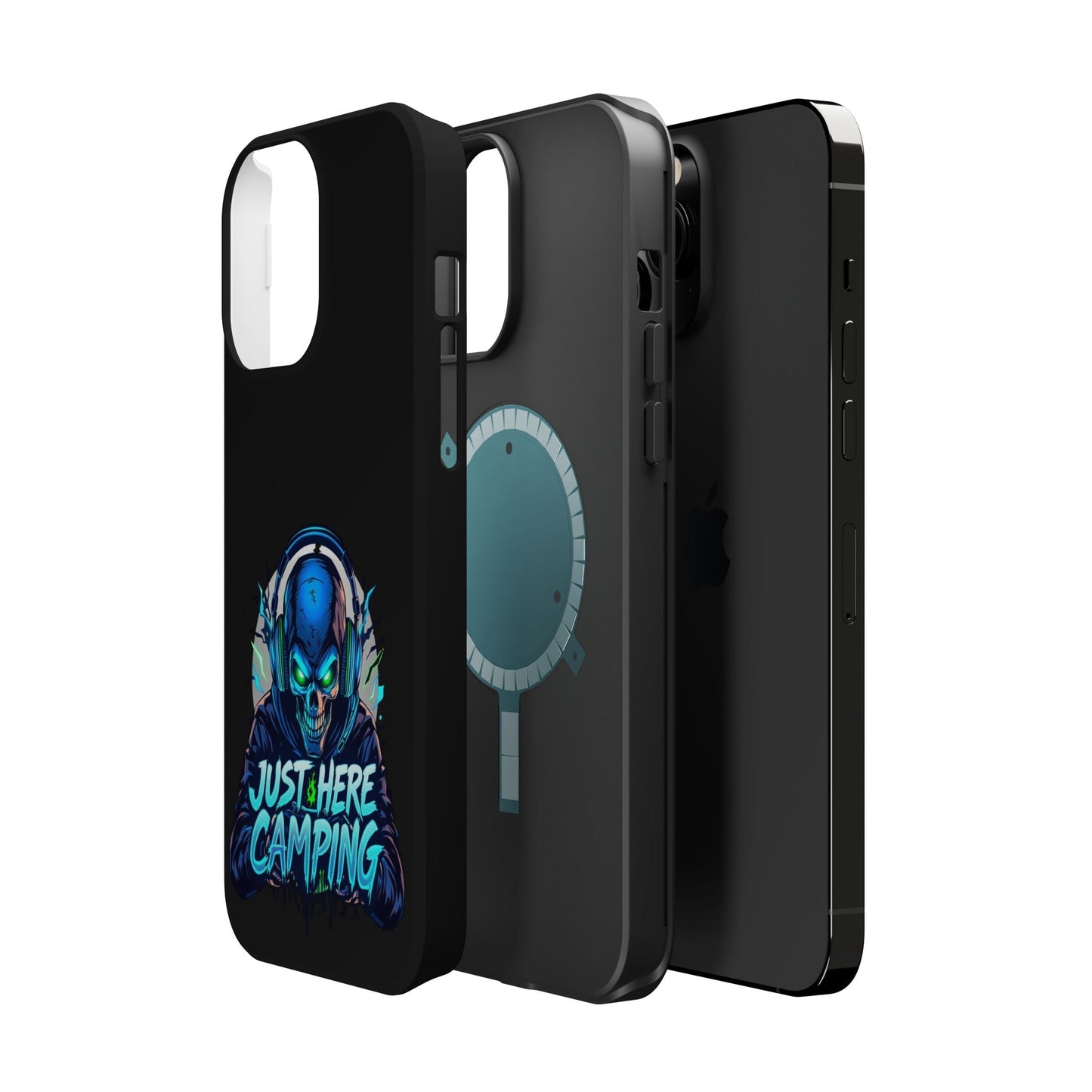 Just Here Camping Gamer design tough iPhone case with durable polycarbonate and TPU layers, MagSafe compatible, vibrant wrap-around print.