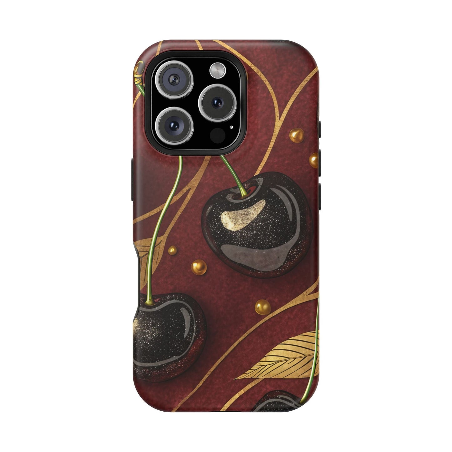 Golden Cherry iPhone Tough Case with vibrant cherry-gold design, durable dual-layer protection, and MagSafe compatibility.