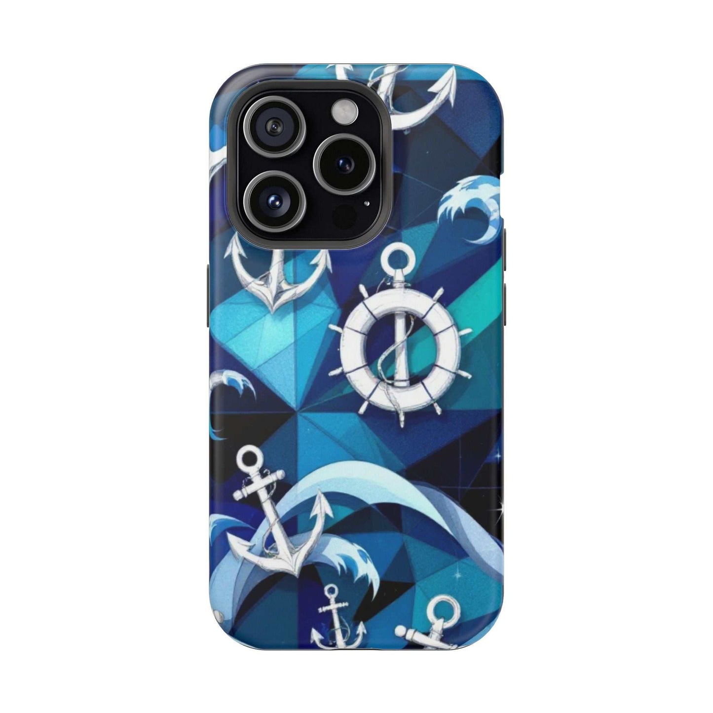 Nautical Anchors iPhone case with sea-inspired anchor and wave design in blue tones, durable protective cover with MagSafe compatibility