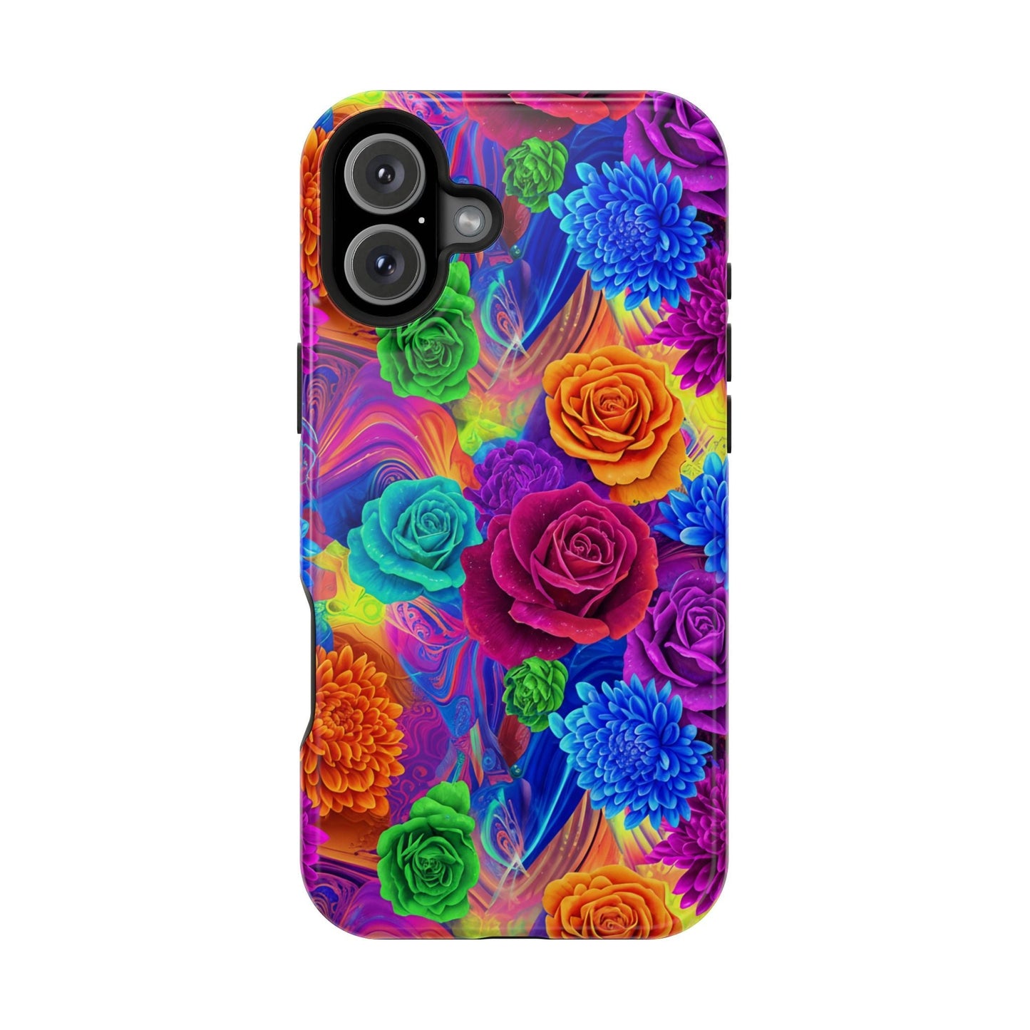 iPhone tough case with vibrant seamless floral pattern, impact-resistant polycarbonate shell, cushioned TPU liner, MagSafe compatible, glossy finish
