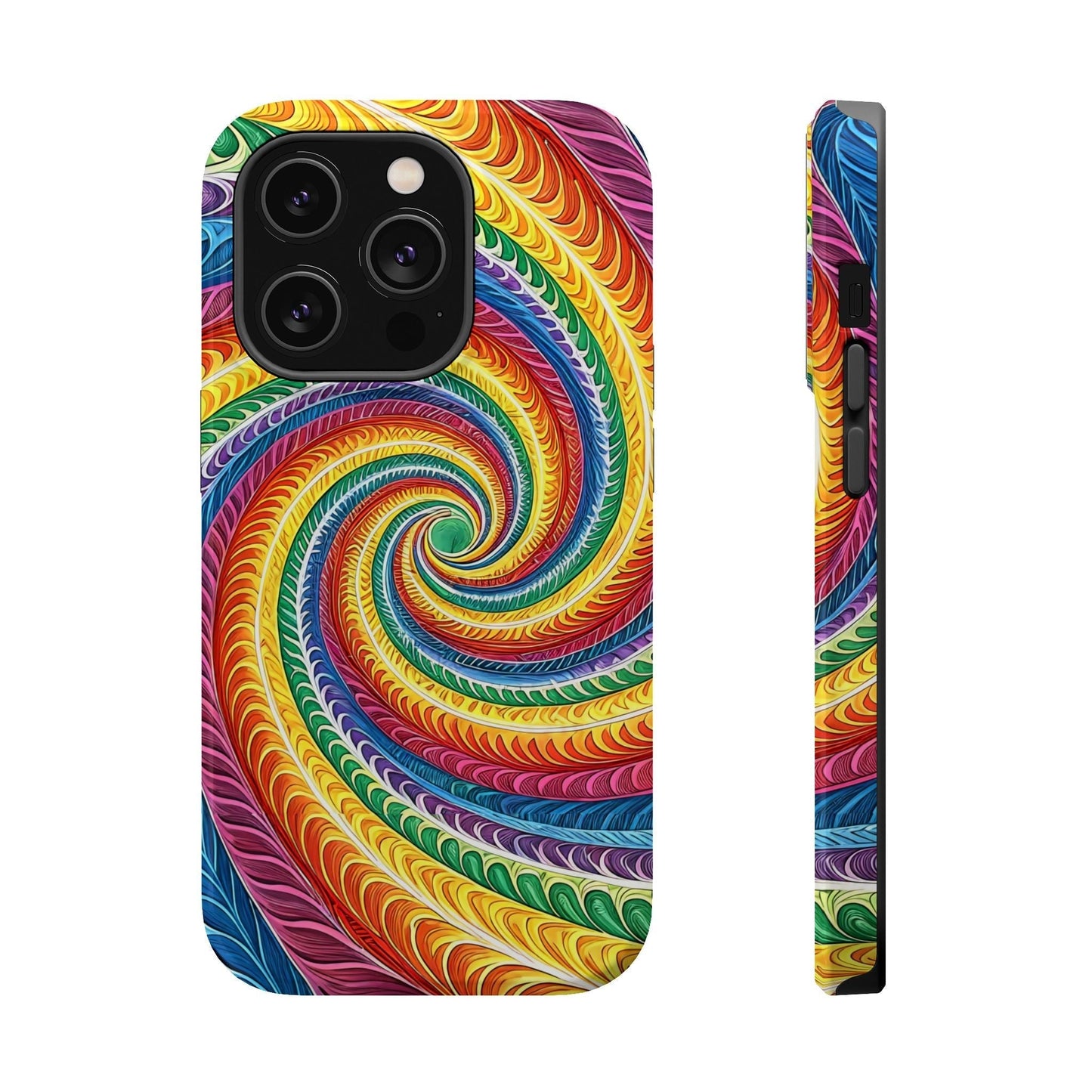 Rainbow Swirl iPhone tough case with vibrant colorful spiral design, durable dual-layer protection, and MagSafe compatibility.
