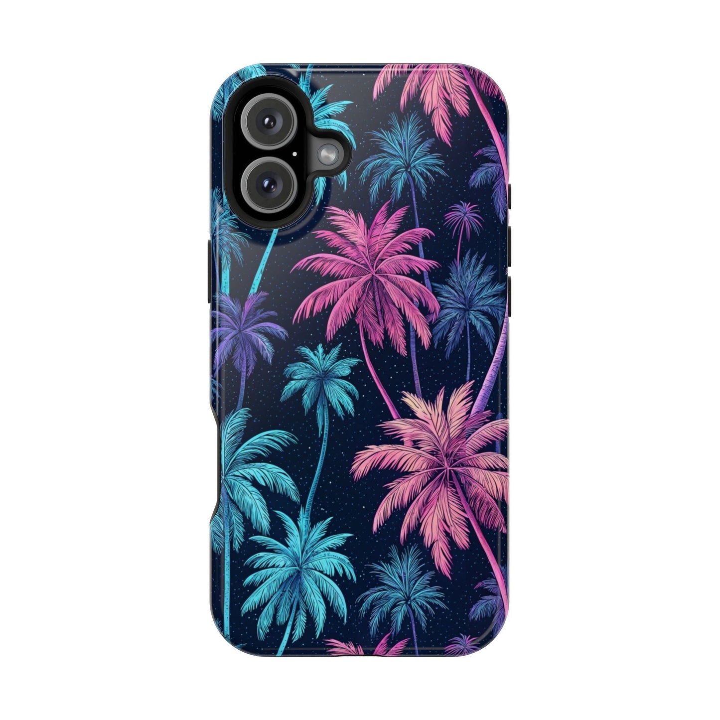 iPhone phone case with vibrant neon palm tree design and MagSafe compatibility