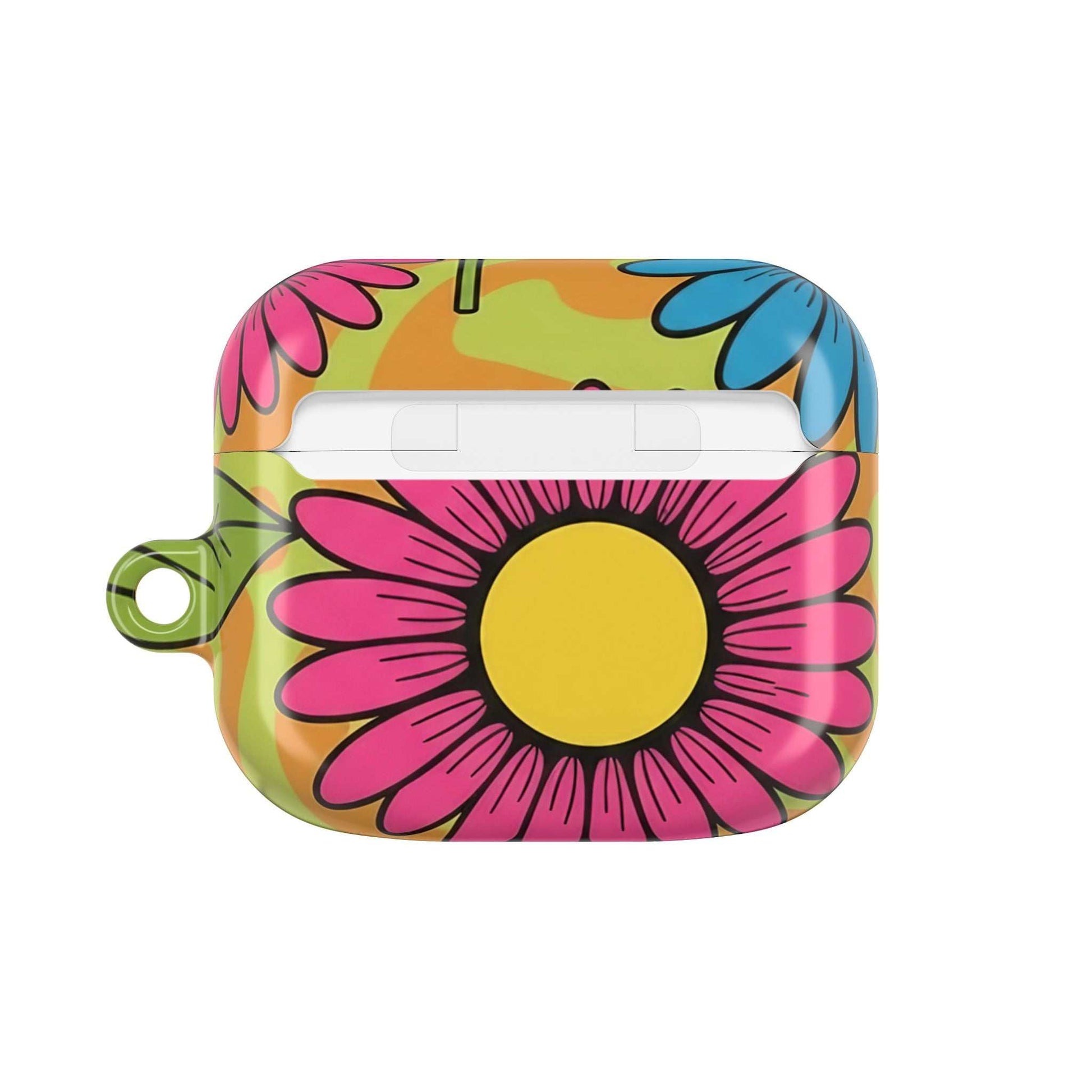 Love Child AirPod Case with colorful floral design and carabiner attachment for AirPods protection