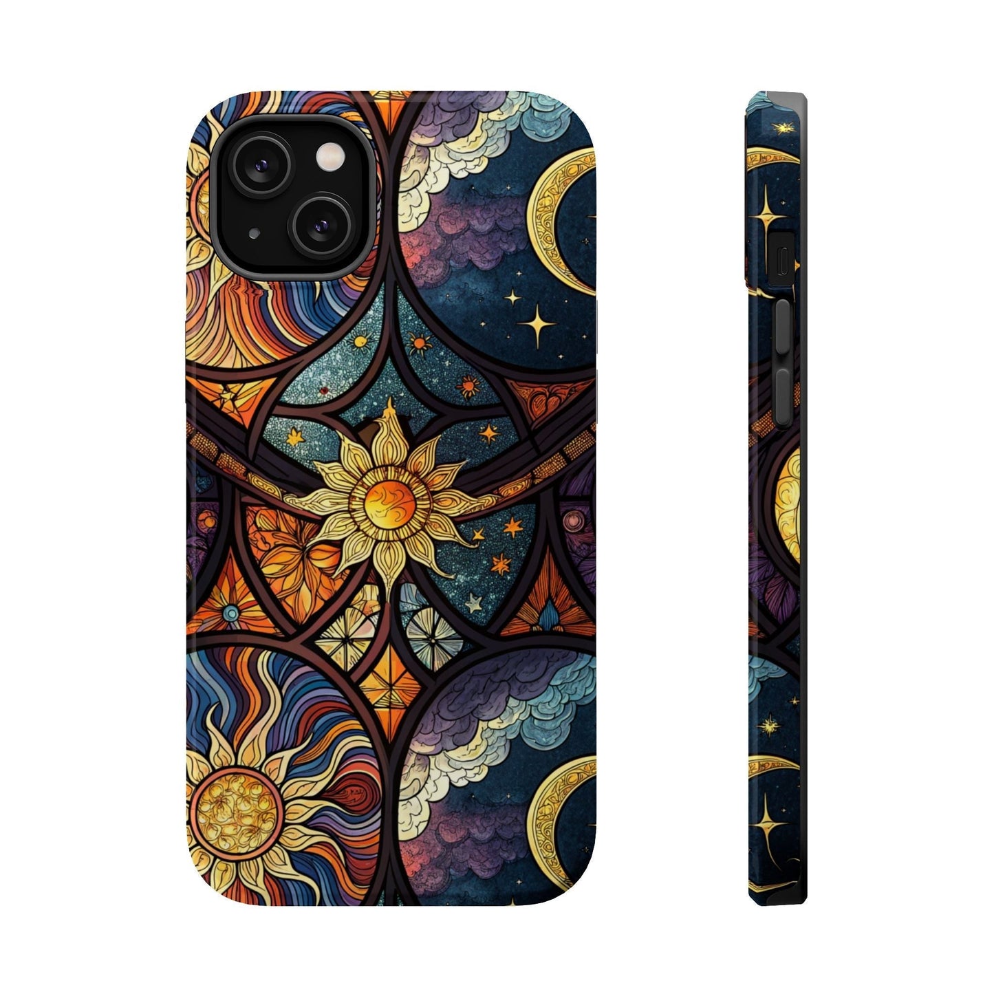 Sun and Moon iPhone case with vibrant celestial design, dual-layer protection, and MagSafe compatibility in matte or glossy finish