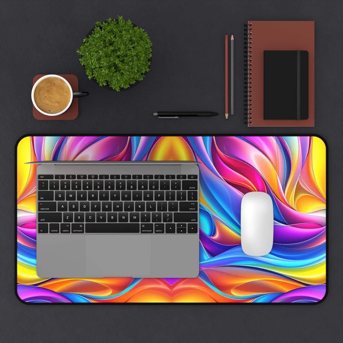 Modern Rainbow Waves desk mat with vibrant colorful wave design, non-slip, durable hemmed edges, ideal for workspace and creative tasks