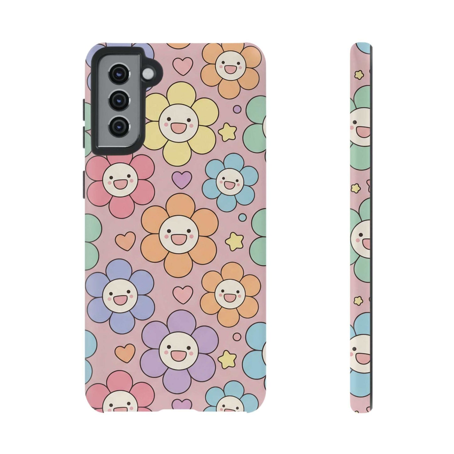 Happy Flower Samsung phone case with cheerful multicolor smiling floral design, dual-layer protection, and slim profile.