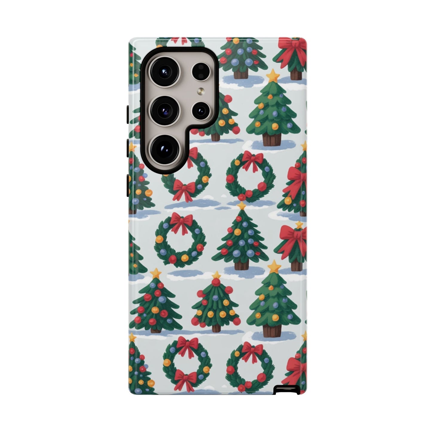Samsung phone case with festive holiday wreath and Christmas tree pattern in vibrant 3D print for durable protection and seasonal style.