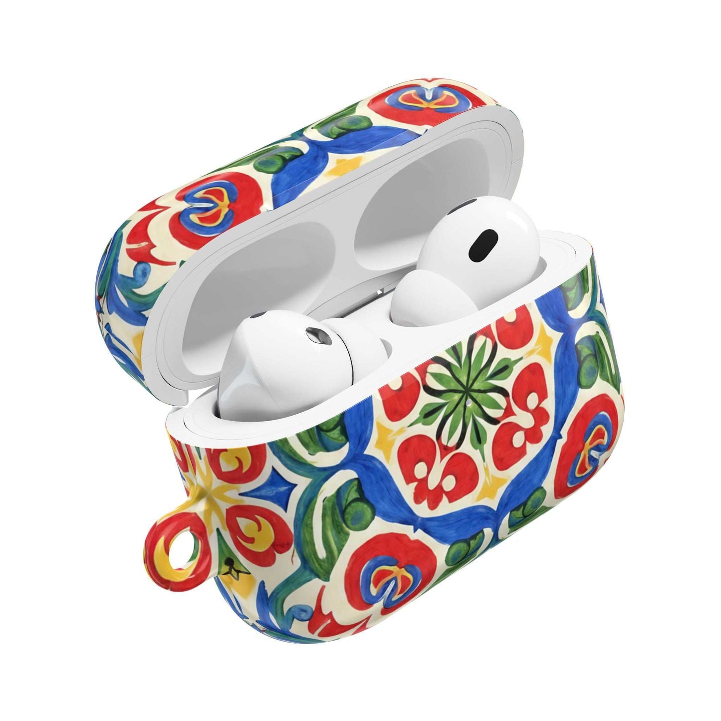 Slim Mediterranean hand-painted folk tile design AirPods case with carabiner and glossy finish