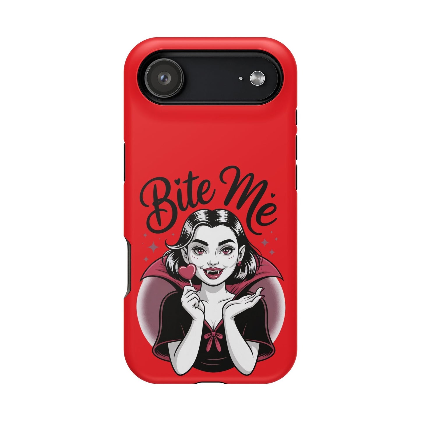 Halloween Vampire iPhone tough case with red "Bite Me" design and vampire illustration