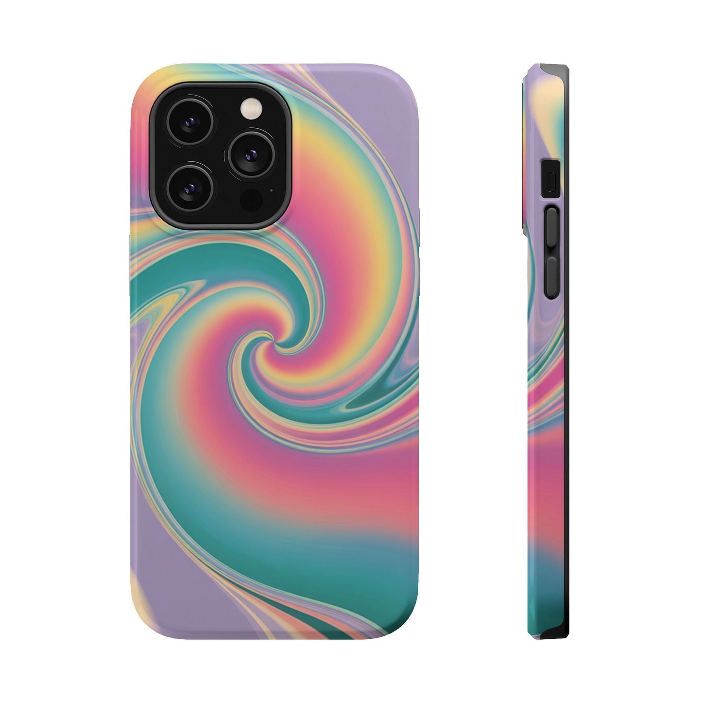 Vibrant Cotton Candy iPhone tough case with colorful pastel swirl design and MagSafe compatibility