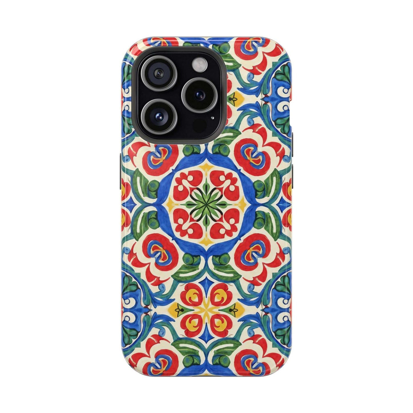Mediterranean iPhone Case with folk tile art pattern in blue, red, green, and cream colors, MagSafe compatible protective cover