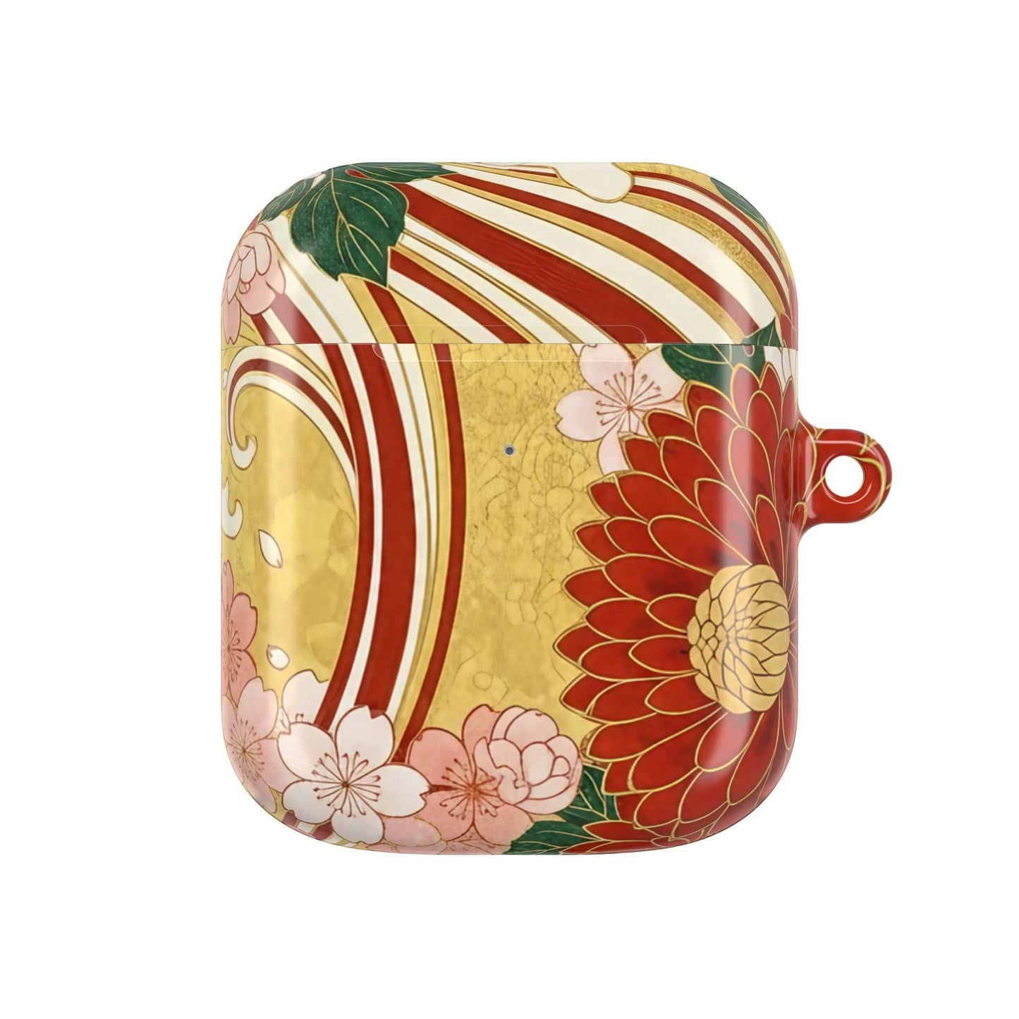 Japanese floral gold chrysanthemum design AirPod Case with gloss finish and carabiner