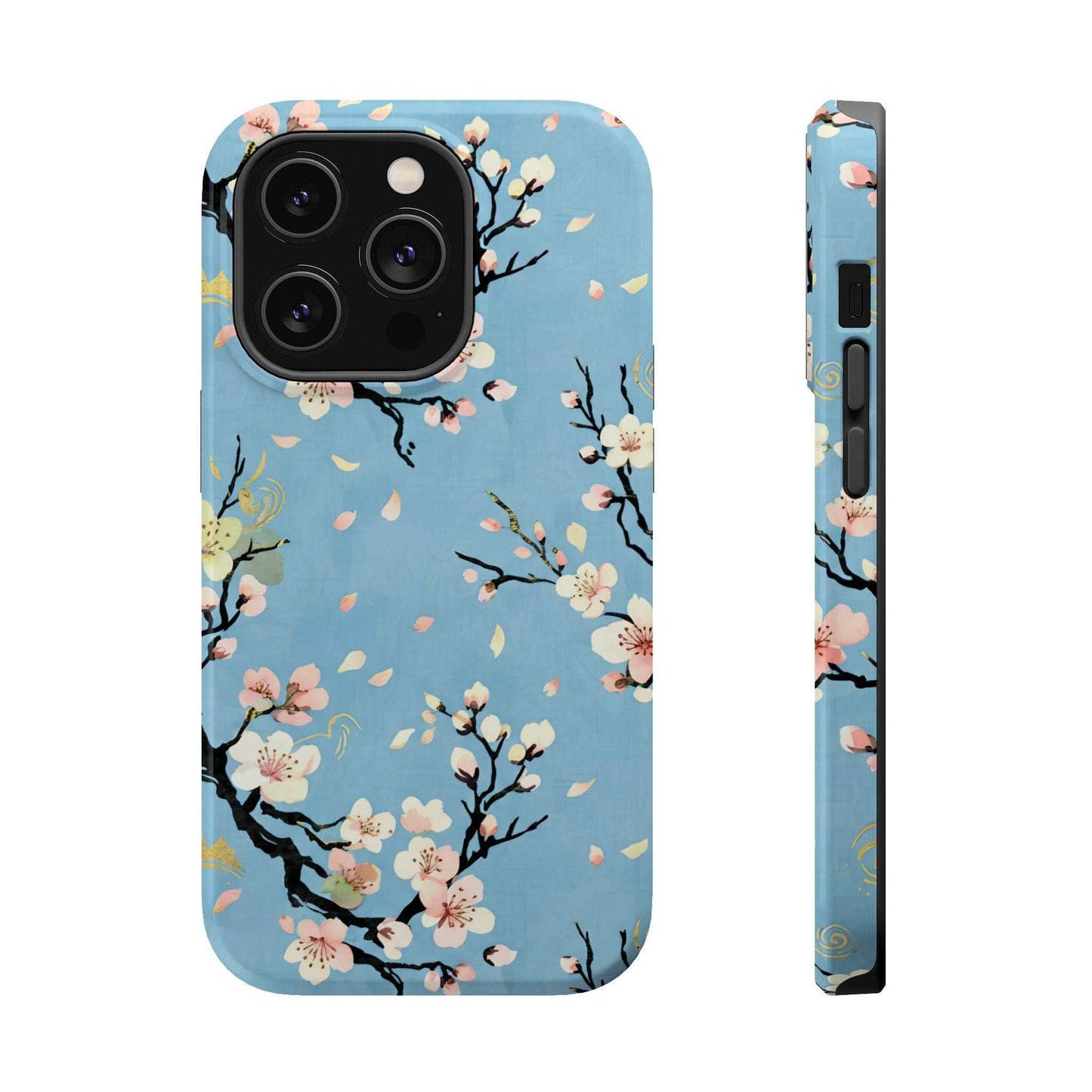 Spring Bloom iPhone Tough Case with floral design on blue background and MagSafe compatibility