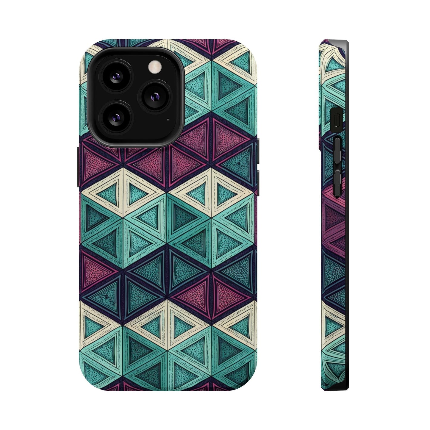 Purple and teal abstract geometric pattern iPhone tough case with MagSafe compatibility and dual-layer protection