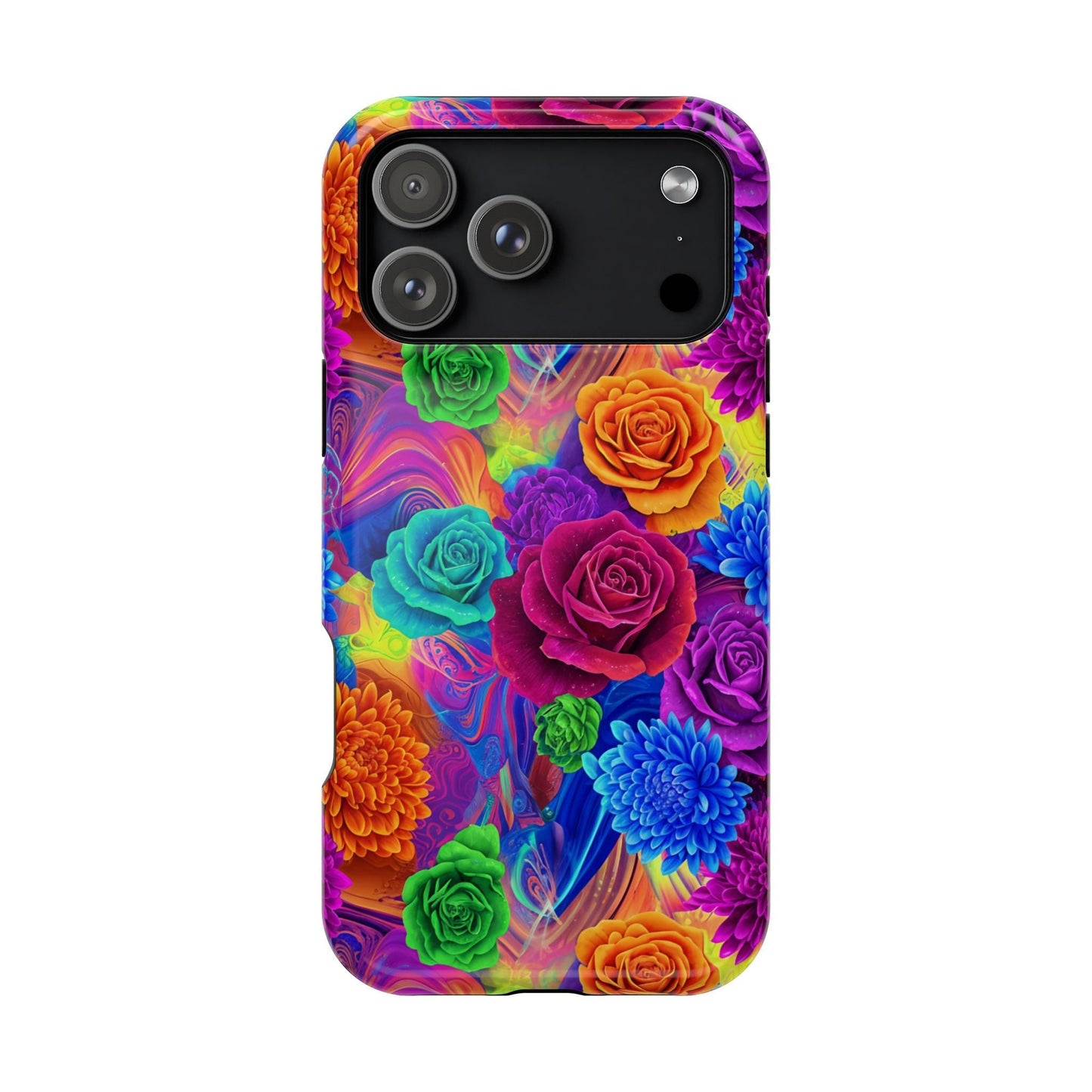 iPhone tough case with vibrant seamless floral pattern and impact-resistant dual-layer protection