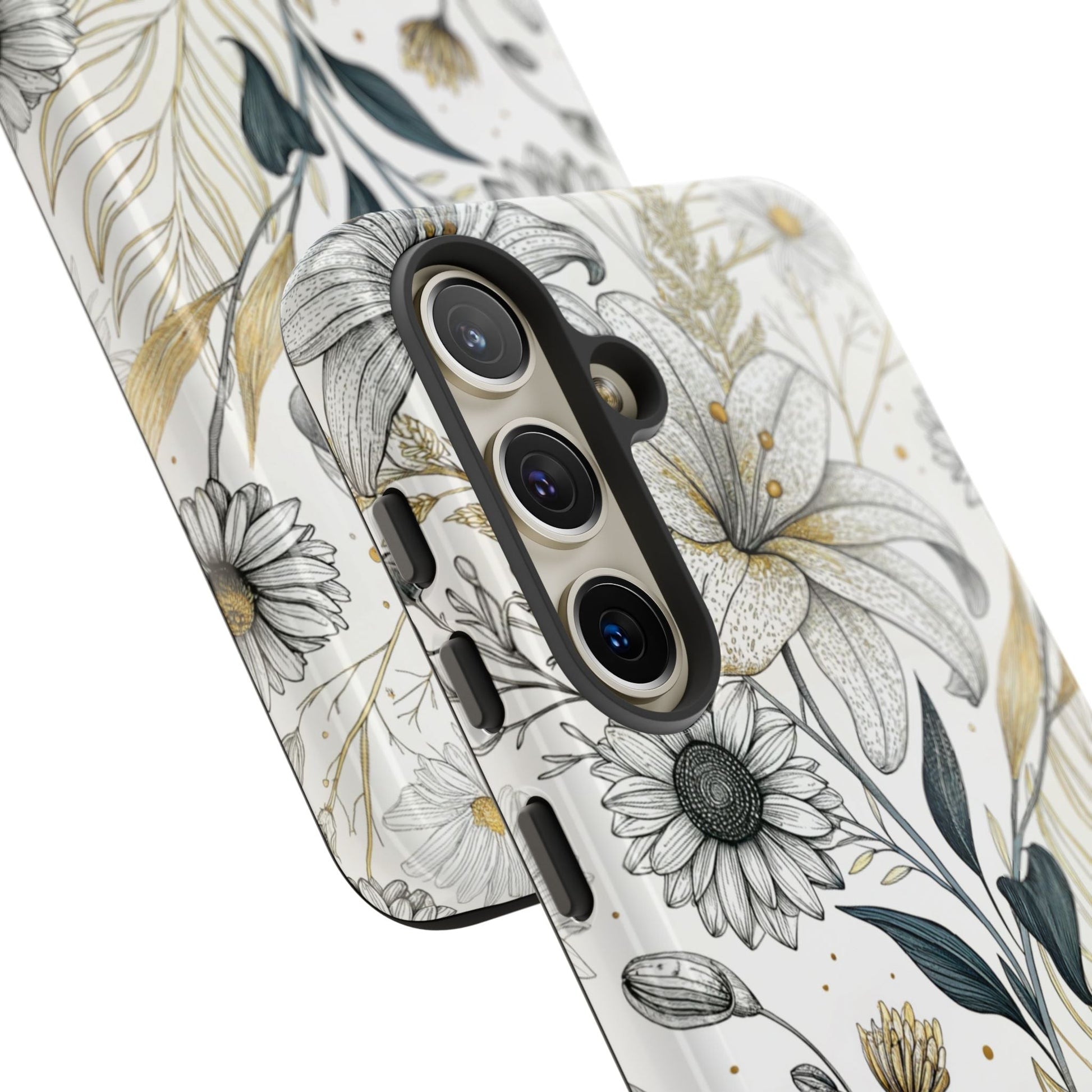Samsung tough phone case with golden leaf minimalist floral design and durable 3D print protection