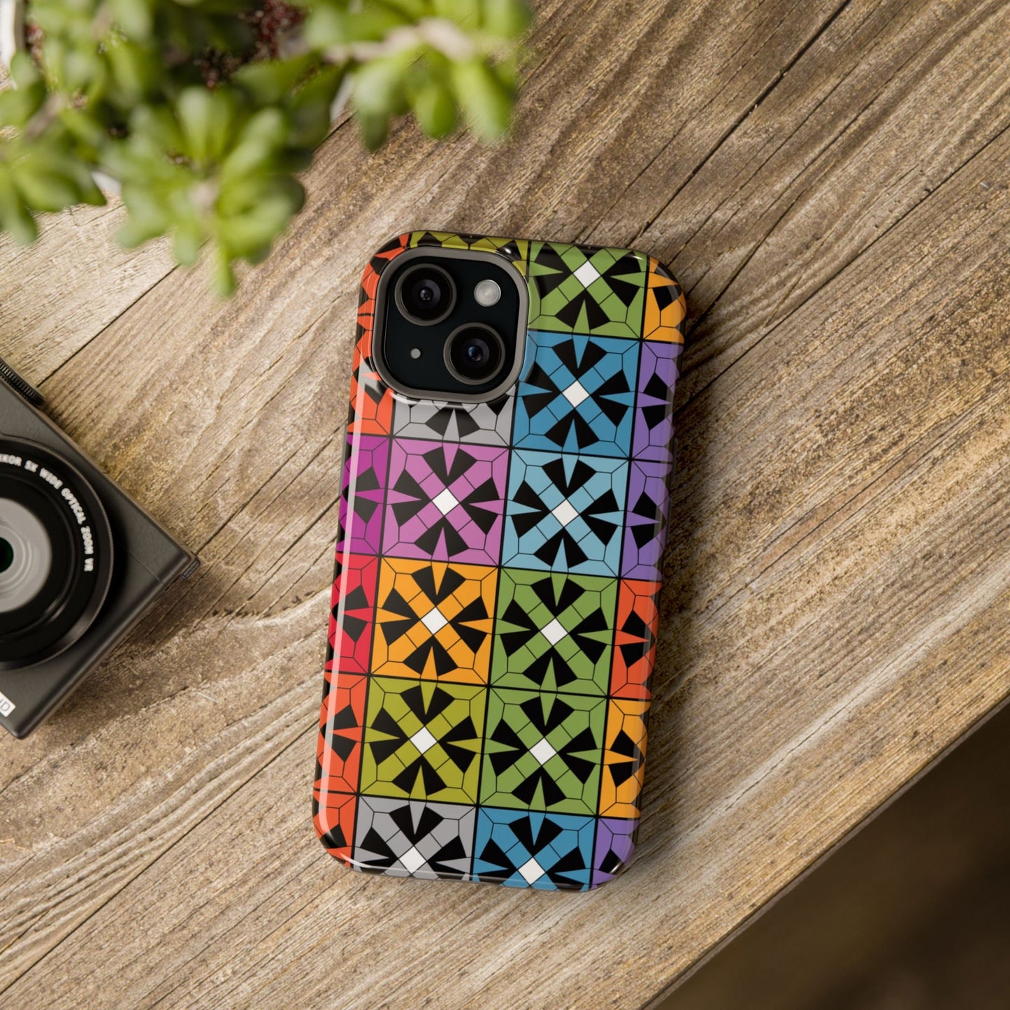 Rainbow Squares iPhone Tough Case with colorful geometric pattern on wooden surface