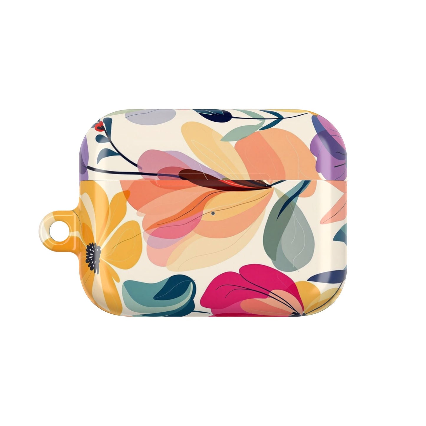 Colorful floral watercolor design AirPod case with durable polycarbonate protection and carabiner attachment.