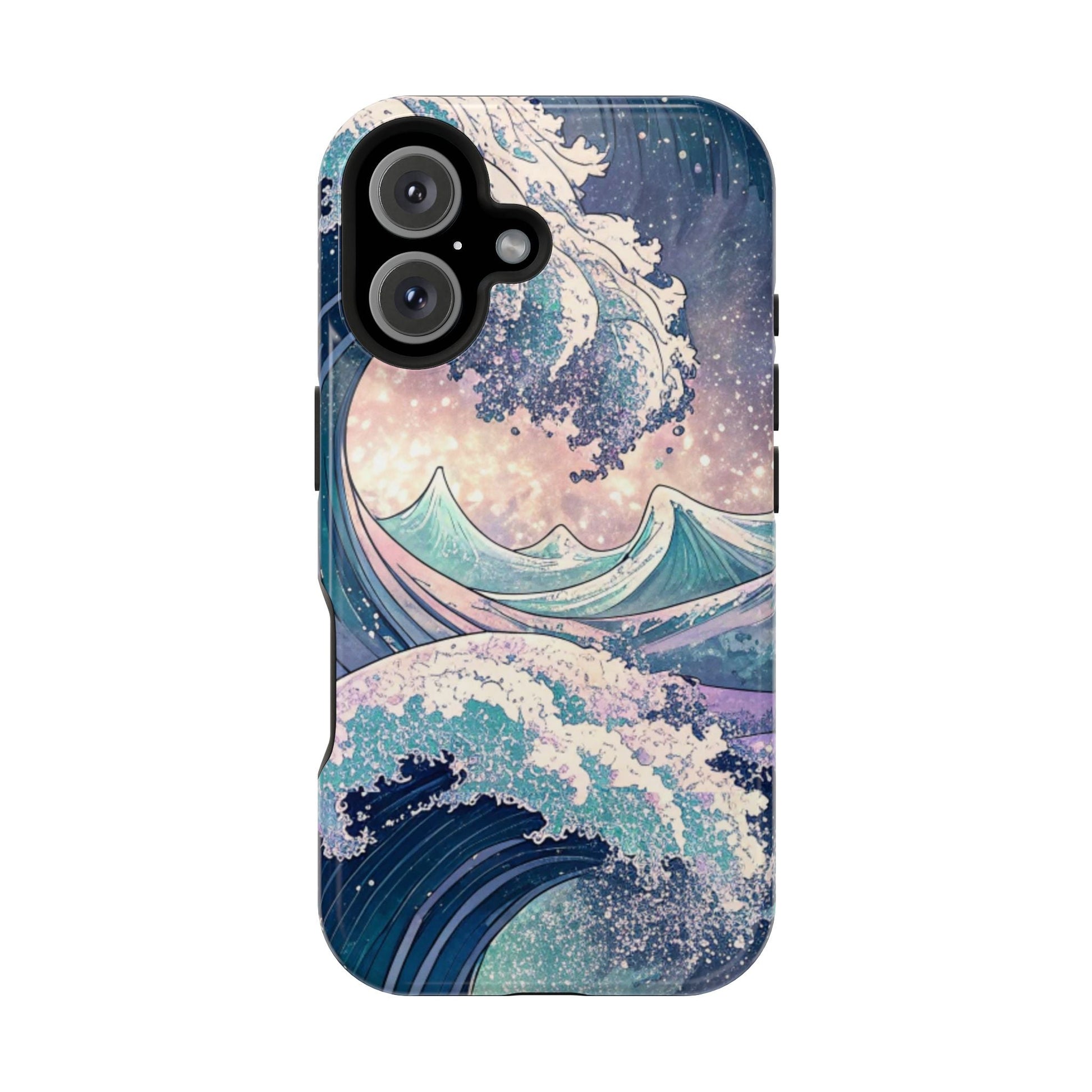 iPhone case with vibrant crashing waves design, magnetic tough dual-layer protection, available in matte or glossy finish