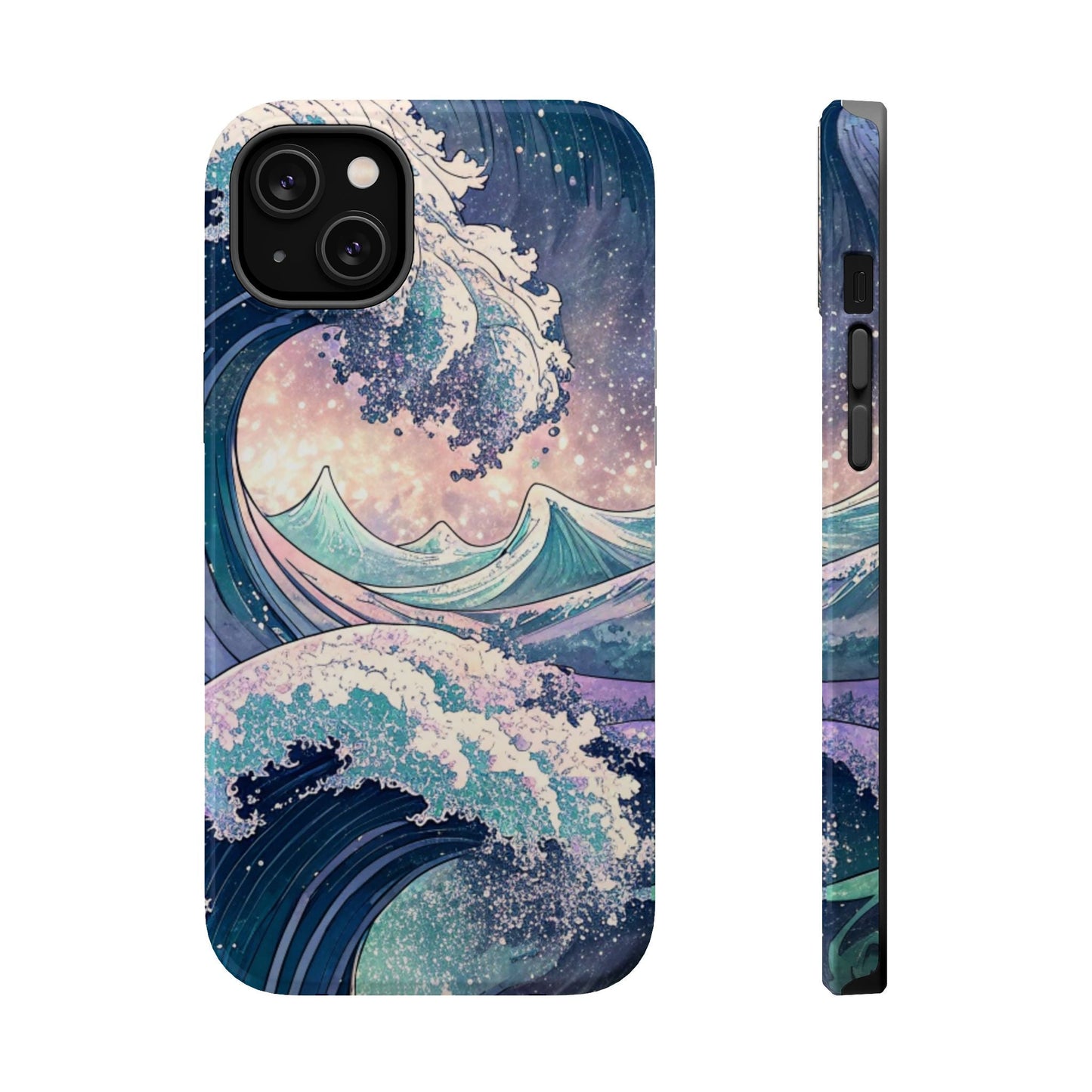 iPhone magnetic tough case with crashing waves design, dual-layer protective polycarbonate and TPU, glossy or matte finish, MagSafe compatible
