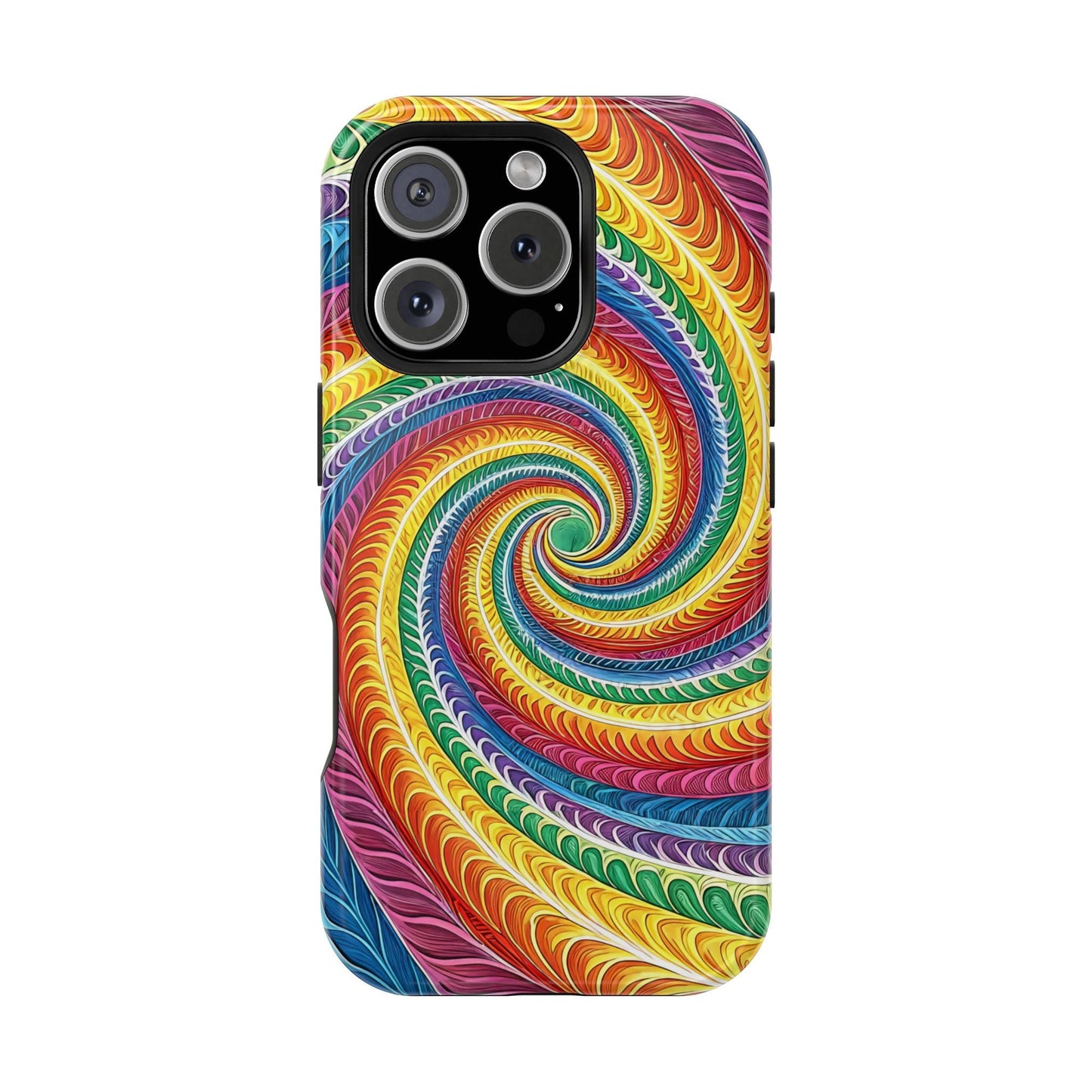 Rainbow Swirl iPhone tough case with vibrant colorful spiral design and MagSafe compatibility for protection and style