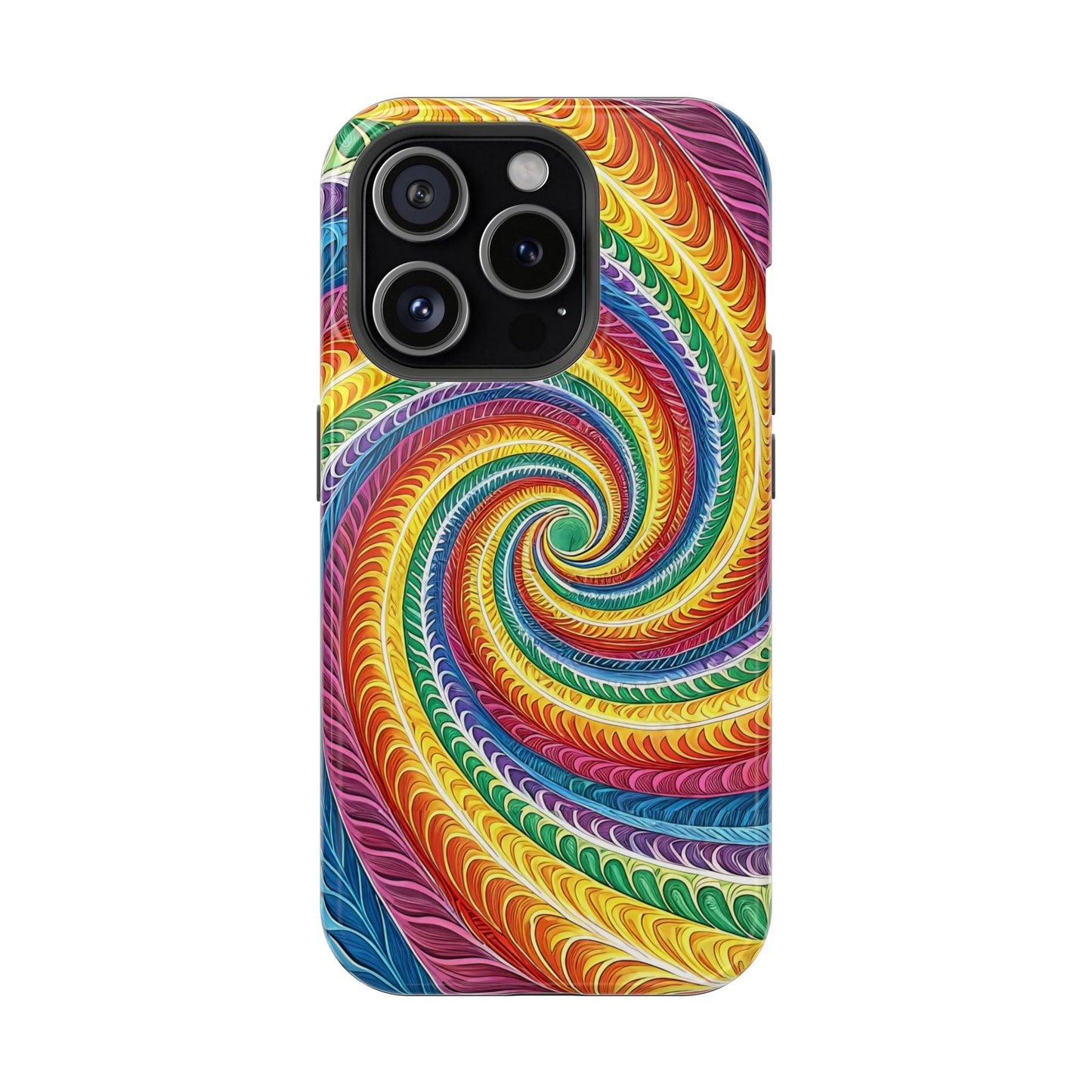 Rainbow Swirl iPhone tough case with vibrant multicolor spiral design and durable dual-layer protection.