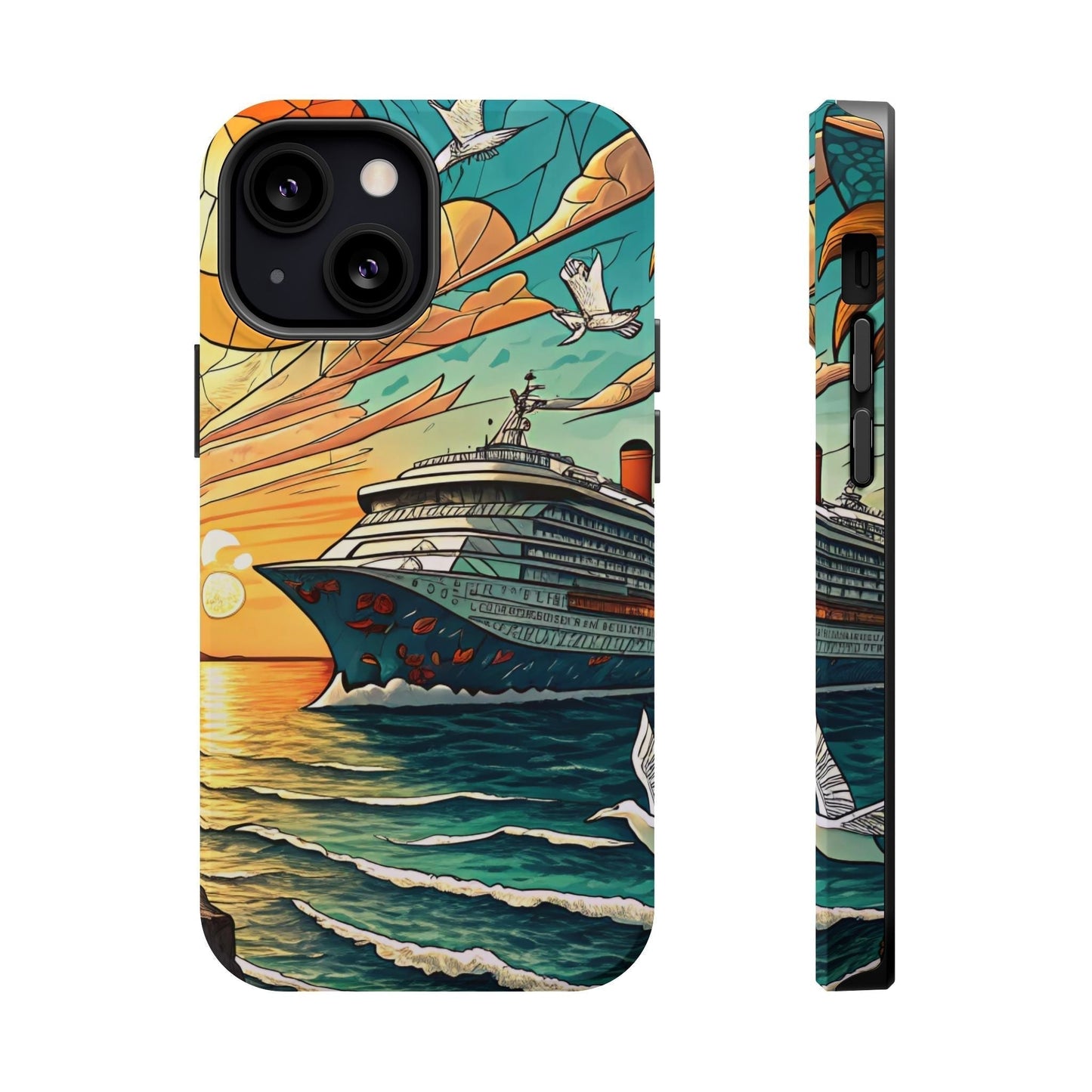Cruise Vacation iPhone tough case with ocean sunset cruise ship design and MagSafe support.
