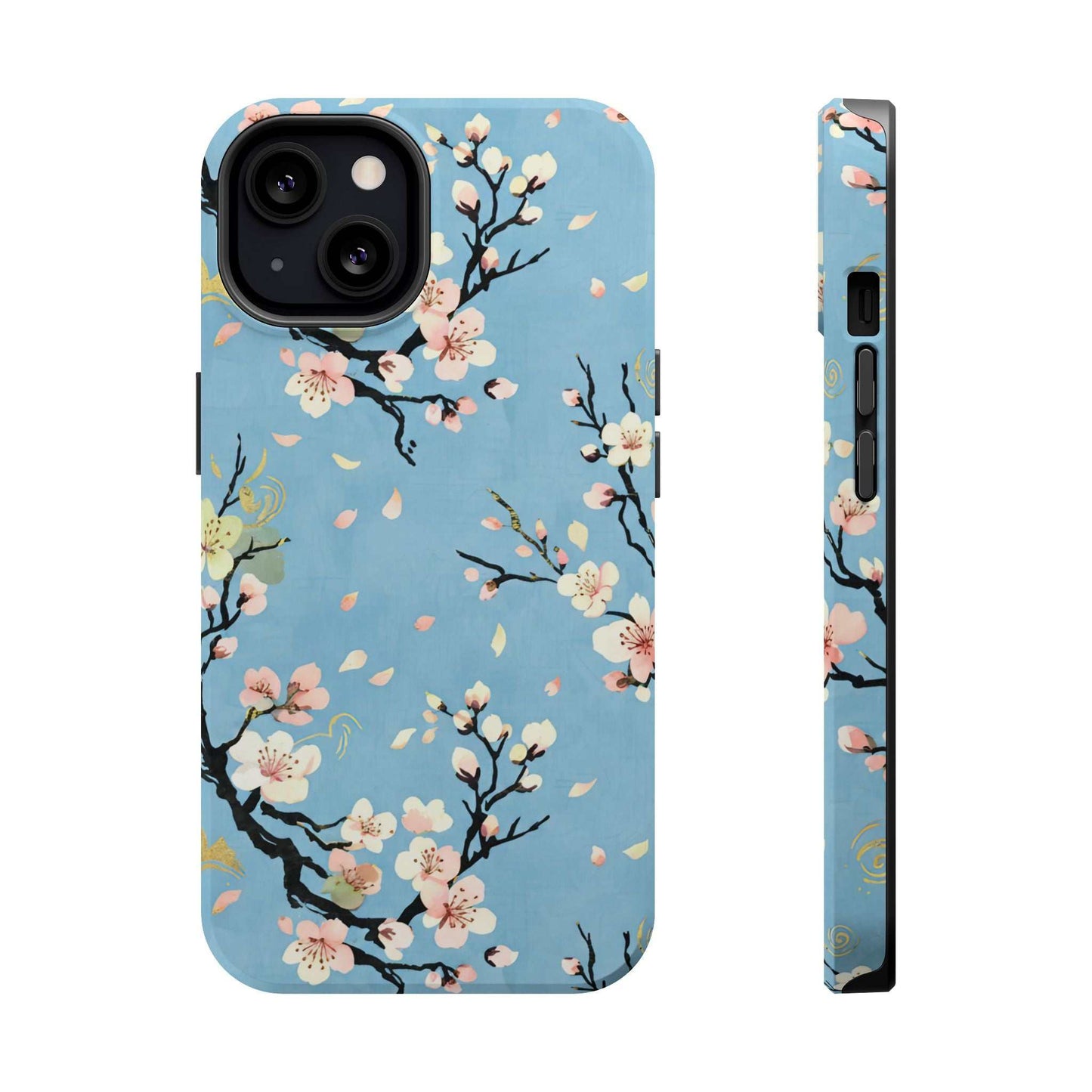 Spring Bloom iPhone Tough Case with floral print and MagSafe compatibility on blue background