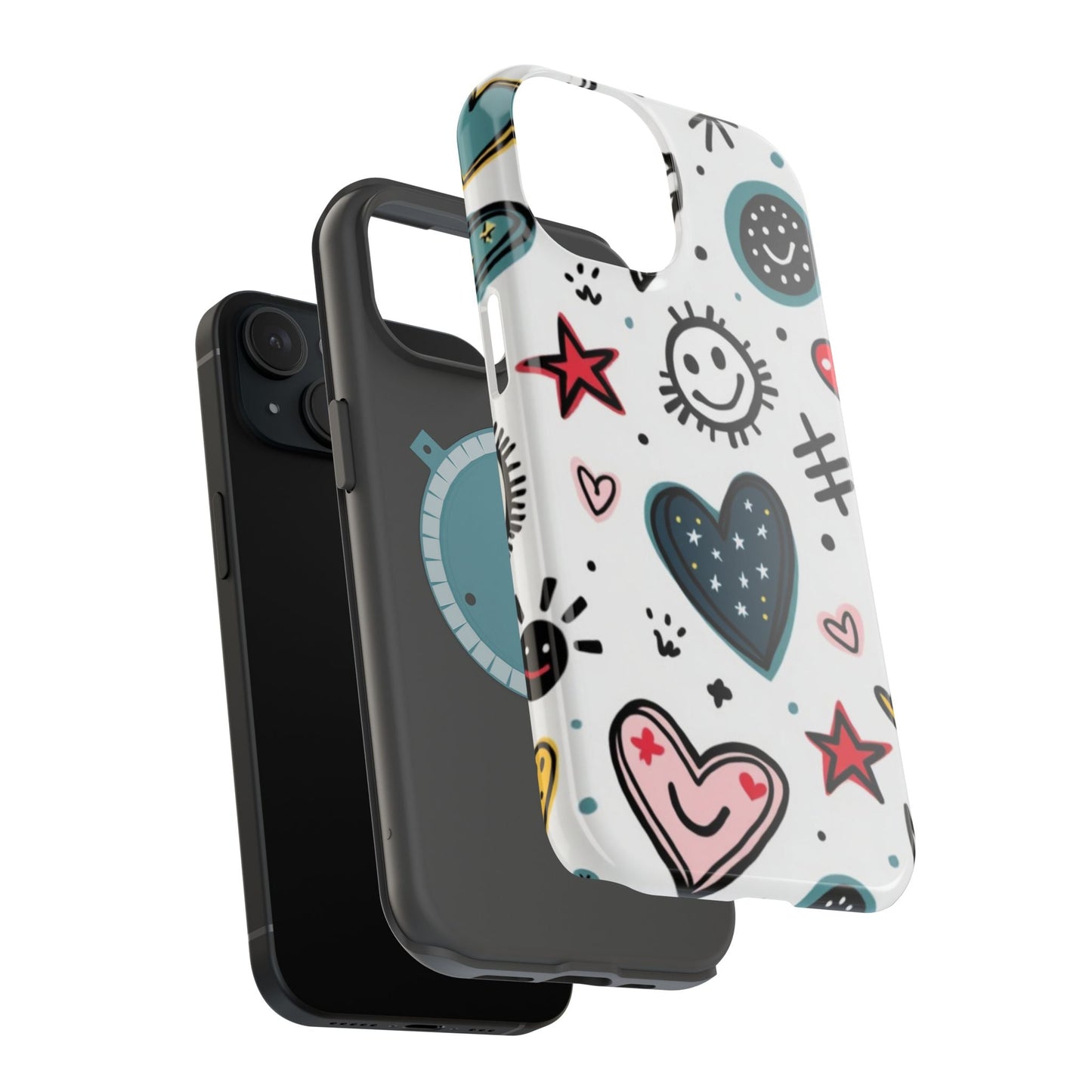 Cartoon Hearts and Smiles iPhone tough case with colorful playful design and durable dual-layer protection.