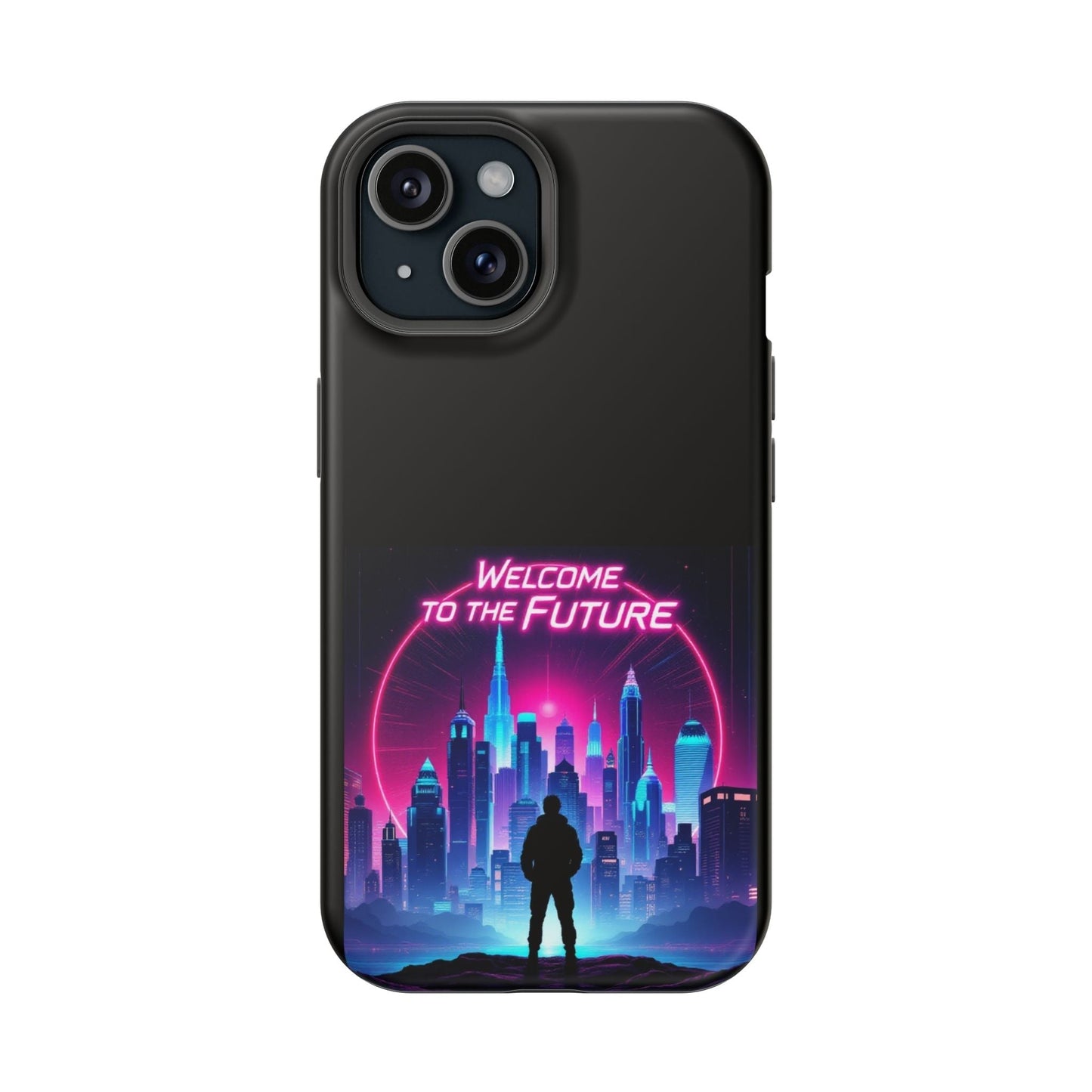 Futuristic Vibe iPhone Case with neon cityscape and "Welcome to the Future" text, durable MagSafe compatible protective cover