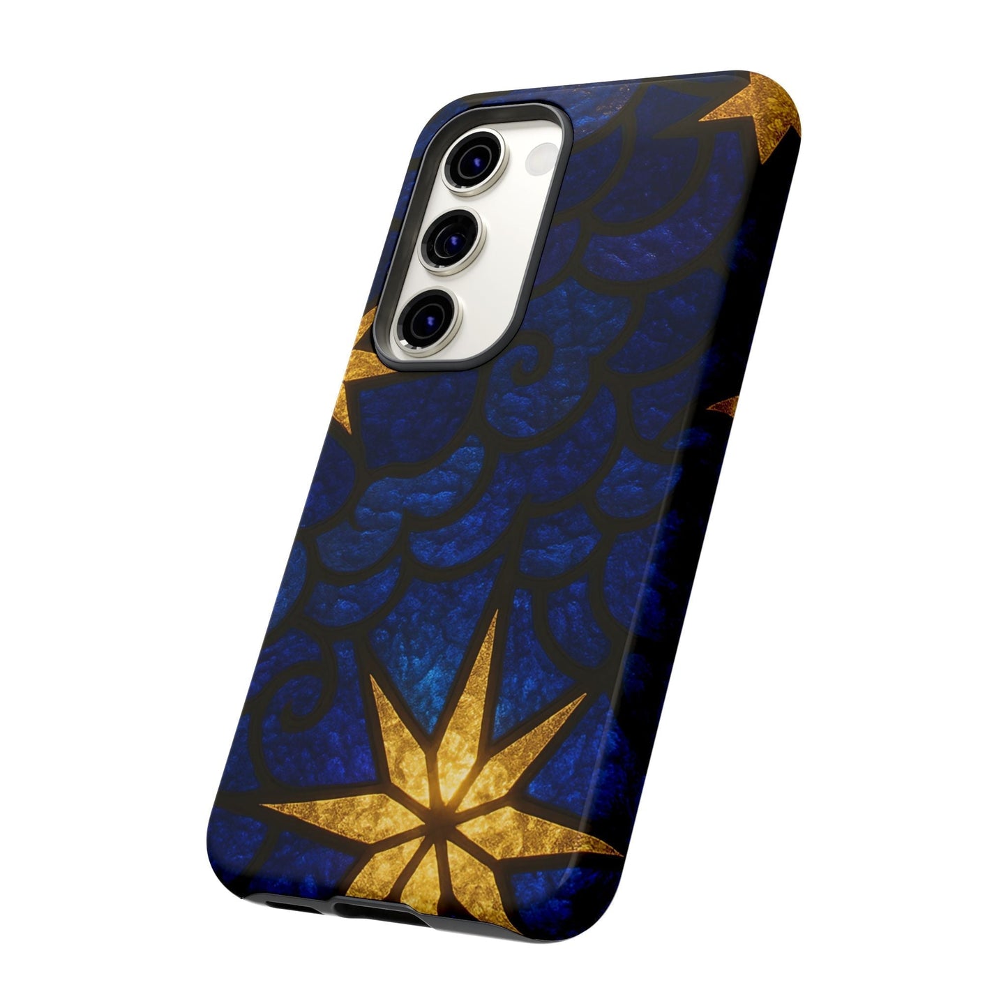 Golden Star Samsung phone case with blue and gold star design, durable and impact-resistant for Samsung Galaxy models