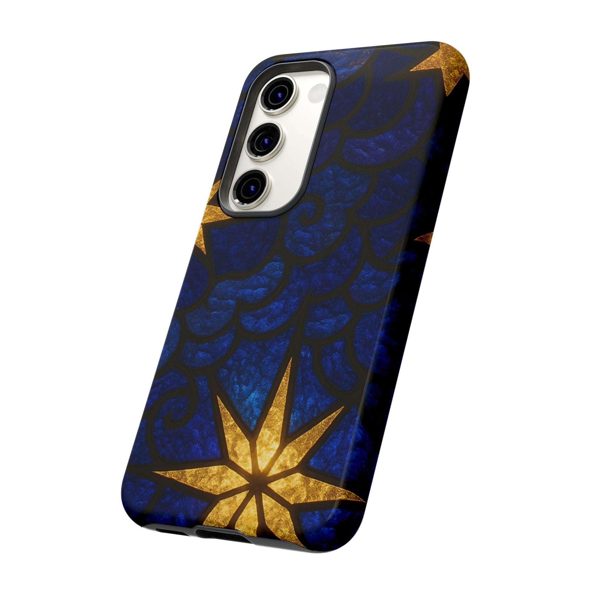 Golden Star Samsung phone case with blue and gold star design, durable and impact-resistant for Samsung Galaxy models