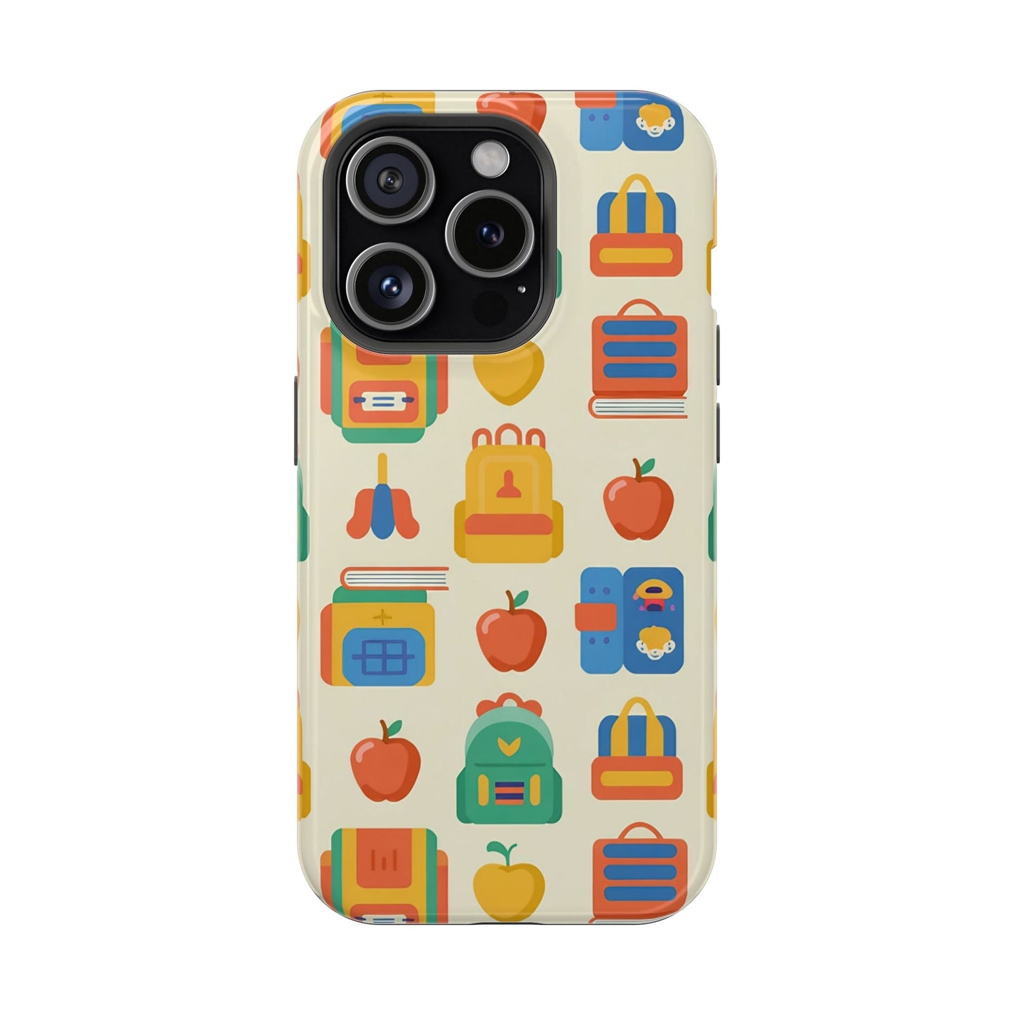 iPhone case with colorful back to school icons featuring backpacks, apples, and books, durable with MagSafe compatibility