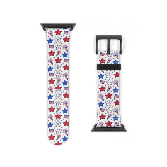 Kawaii 4th of July Apple Watch Band with red, white, and blue faux leather strap and stainless steel buckle