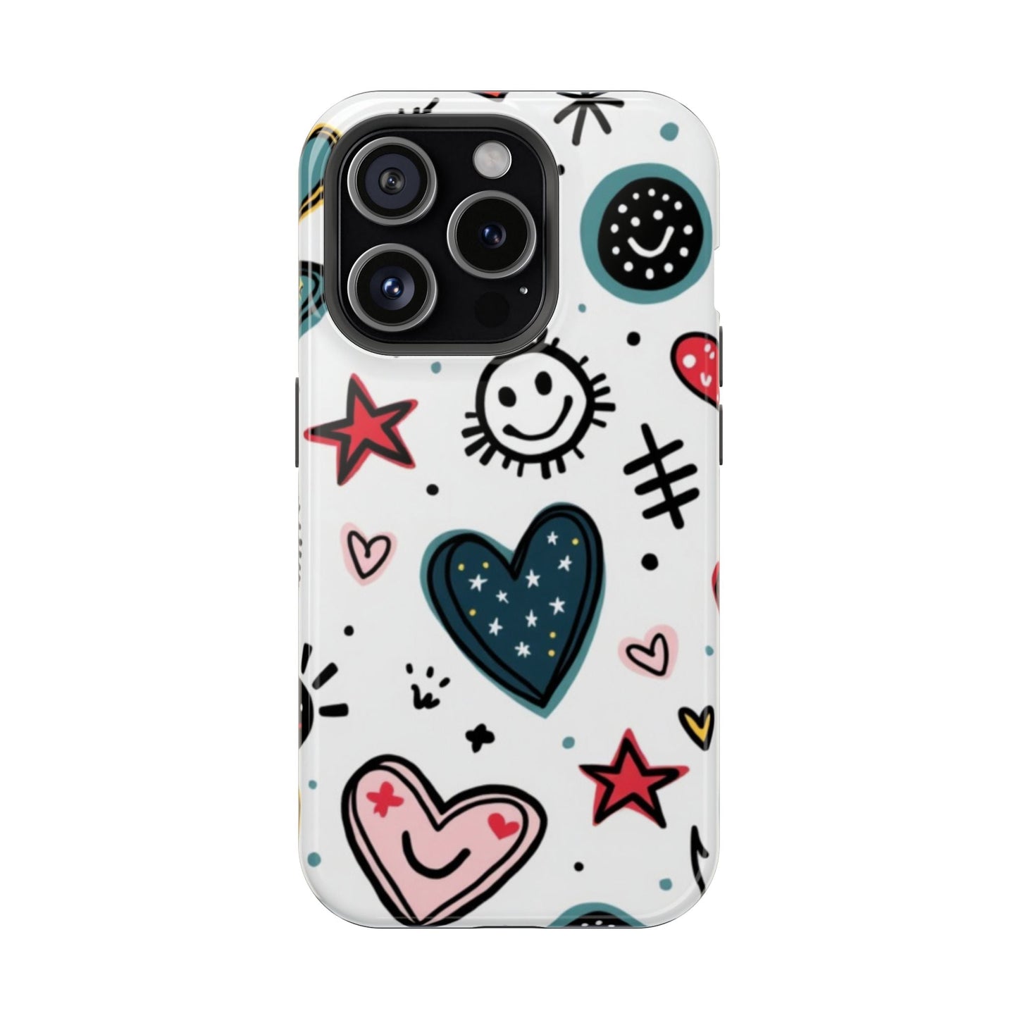 iPhone tough case with cartoon hearts, smiling faces, stars, and playful doodles design