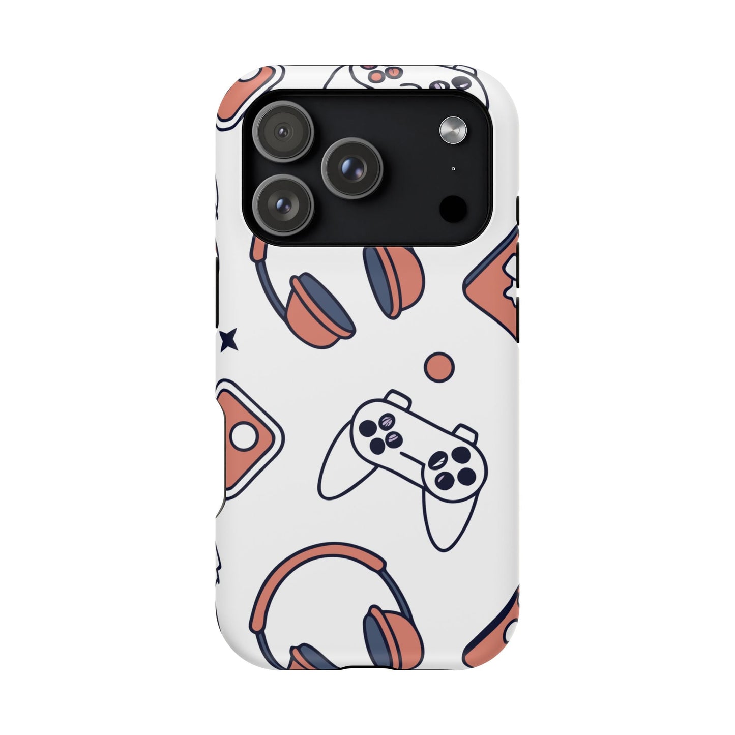 Gamer iPhone tough case with gaming controller and headset design, durable protective polycarbonate and TPU material, compatible with multiple iPhone models