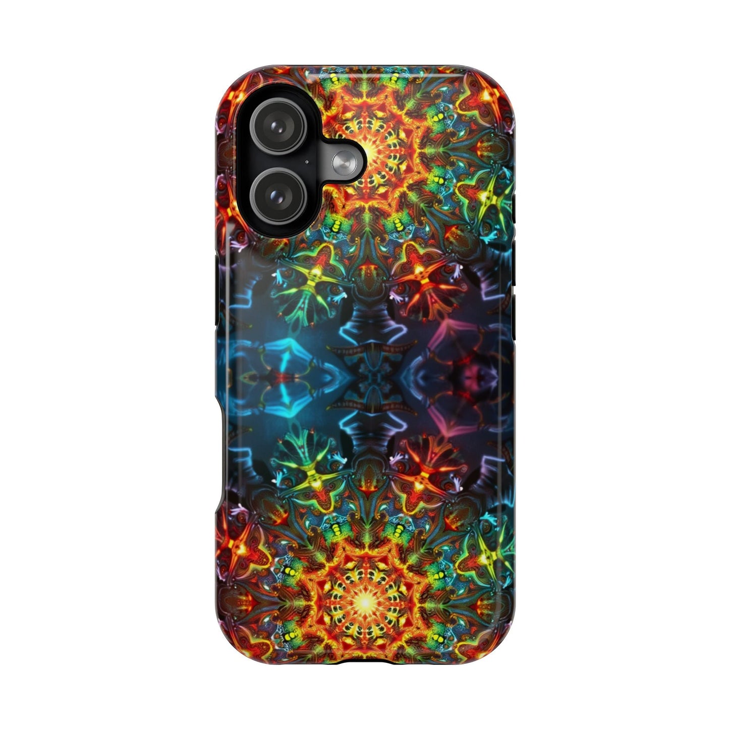 iPhone case with vibrant abstract kaleidoscope design, durable dual-layer protection, and MagSafe compatibility
