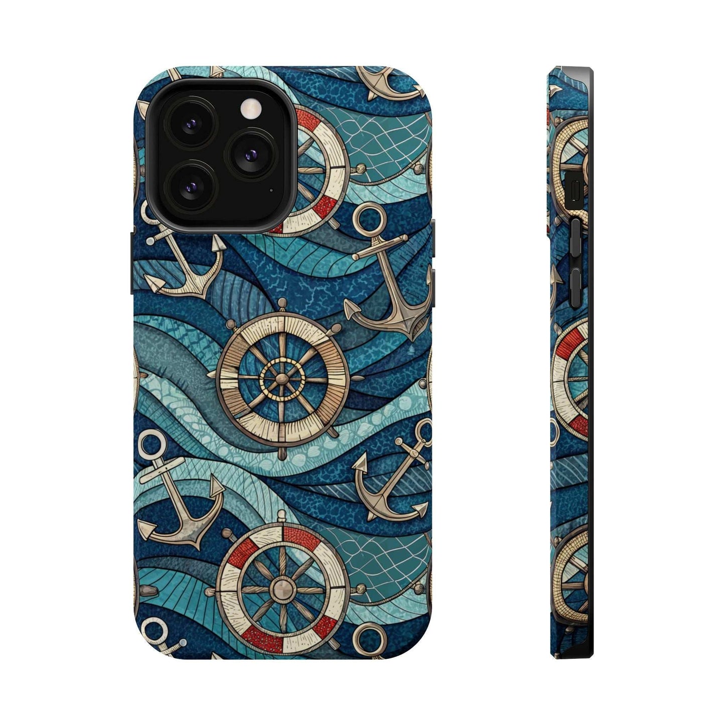 Nautical theme iPhone case with anchors and ship wheels, durable coastal design for iPhone 13-16 series