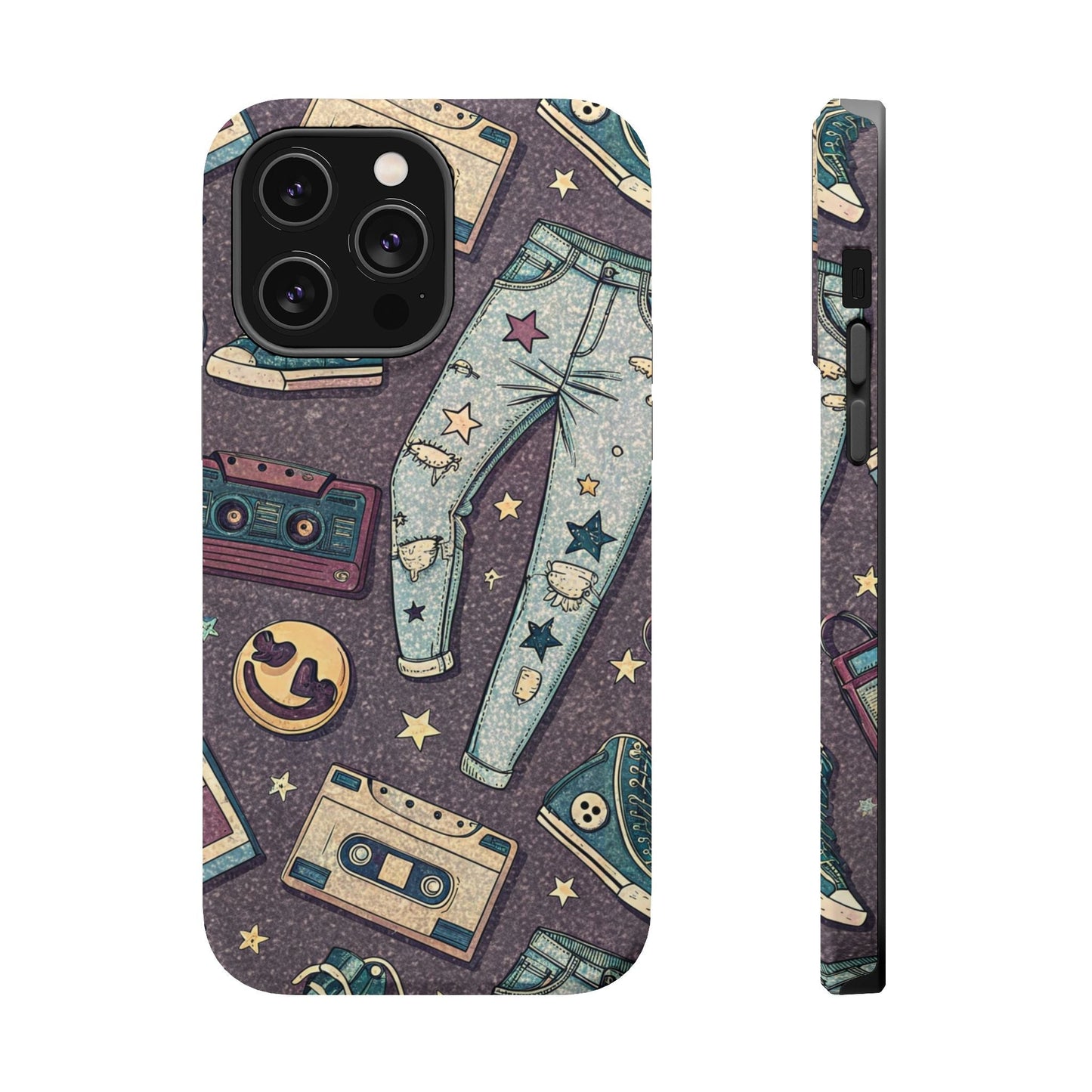 iPhone tough case with 90s grunge cassette tape, ripped jeans, sneakers, and graffiti-style design, durable dual-layer protective shell with MagSafe compatibility