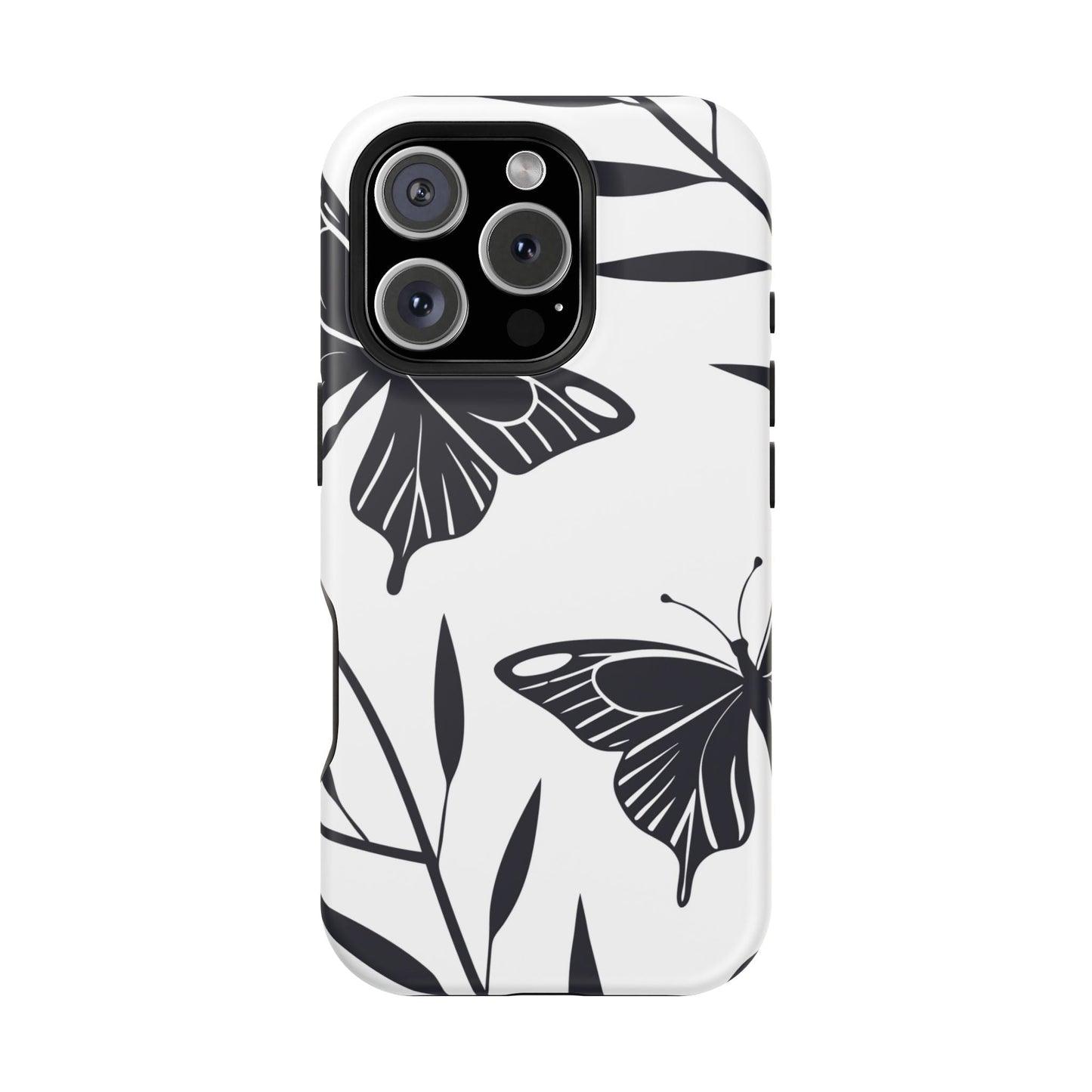 Black and white minimalist butterfly design iPhone case with sleek protective polycarbonate and TPU dual layer, MagSafe compatible.